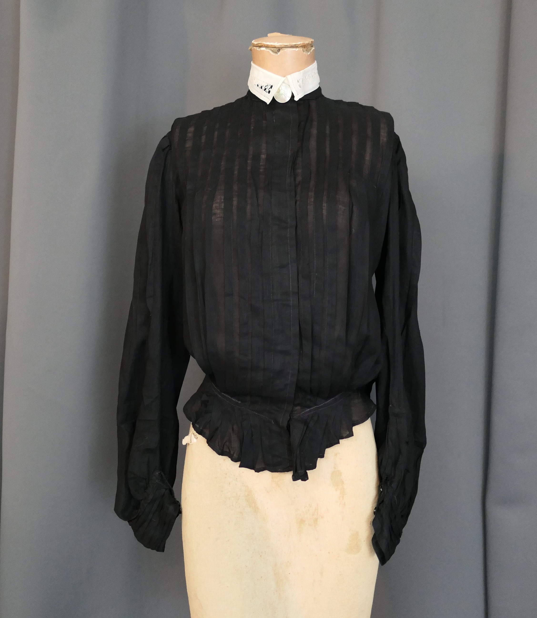Vintage Black Cotton Blouse Edwardian 1900s, with White Collar