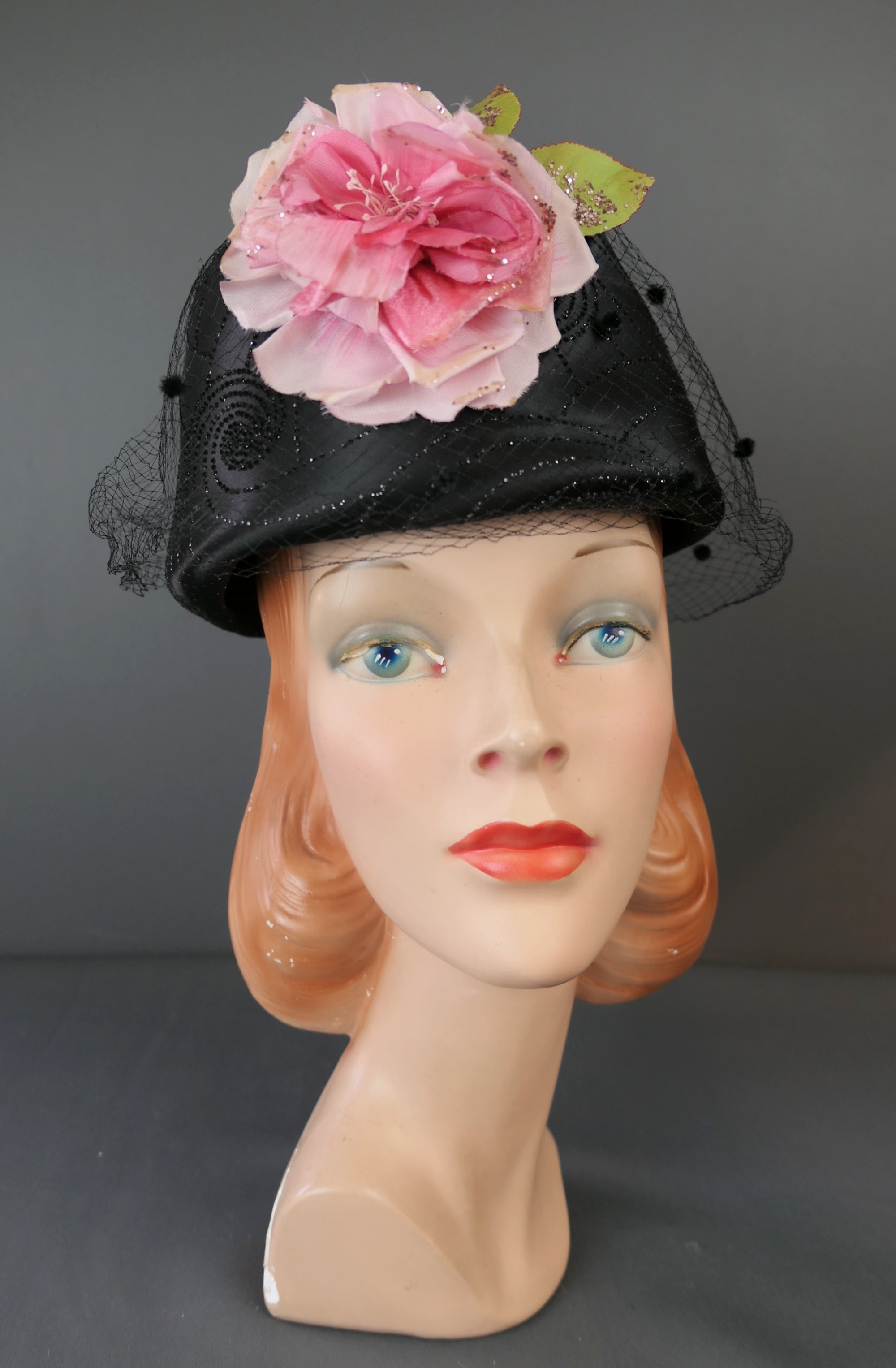 Vintage Black Satin Evening Hat with Pink Flower, Glitter & Veil 1960s, 21 inch head