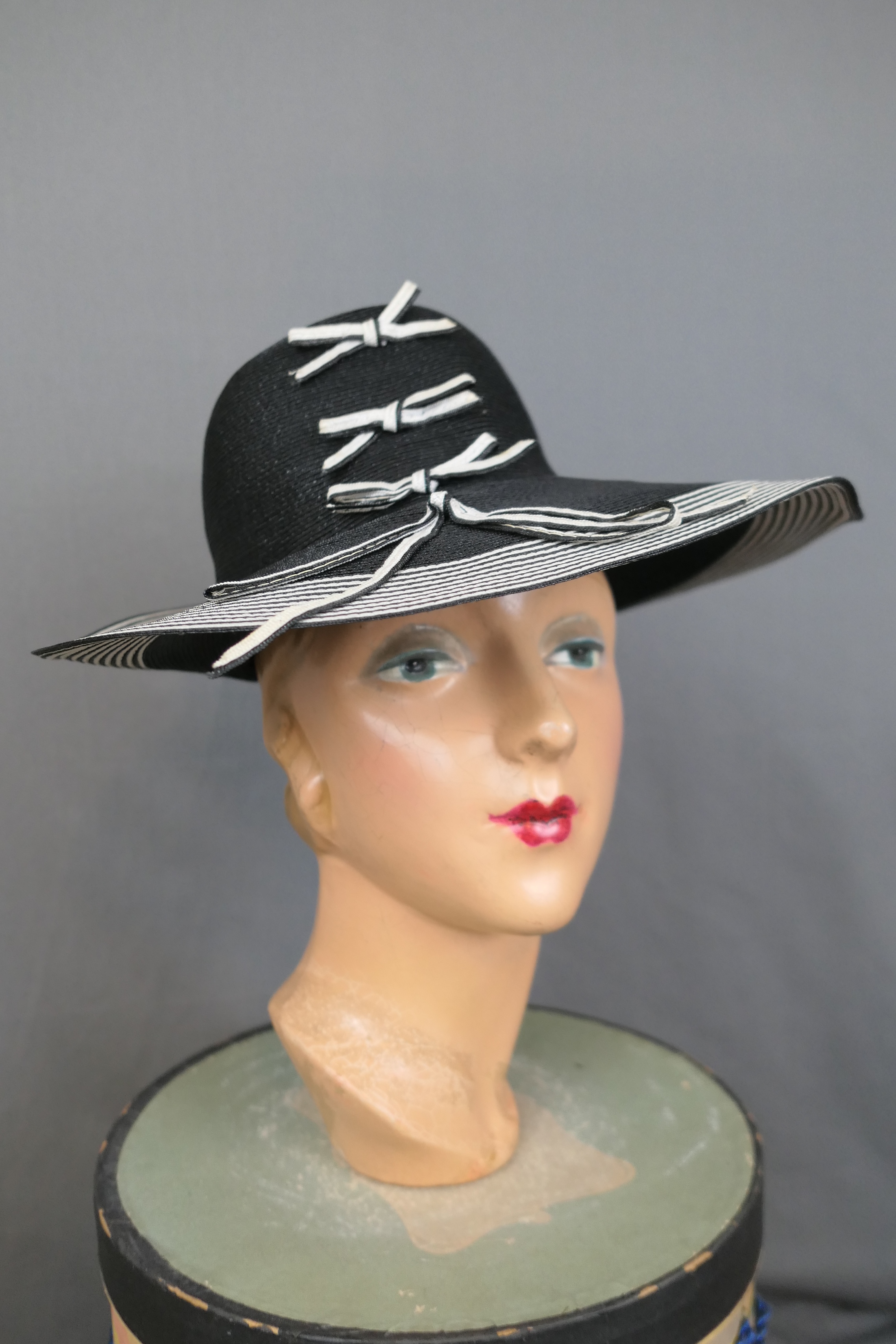 Vintage Wide Brim Hat Black & White Straw with Bows, 1960s, 14 inches, 21  inch head