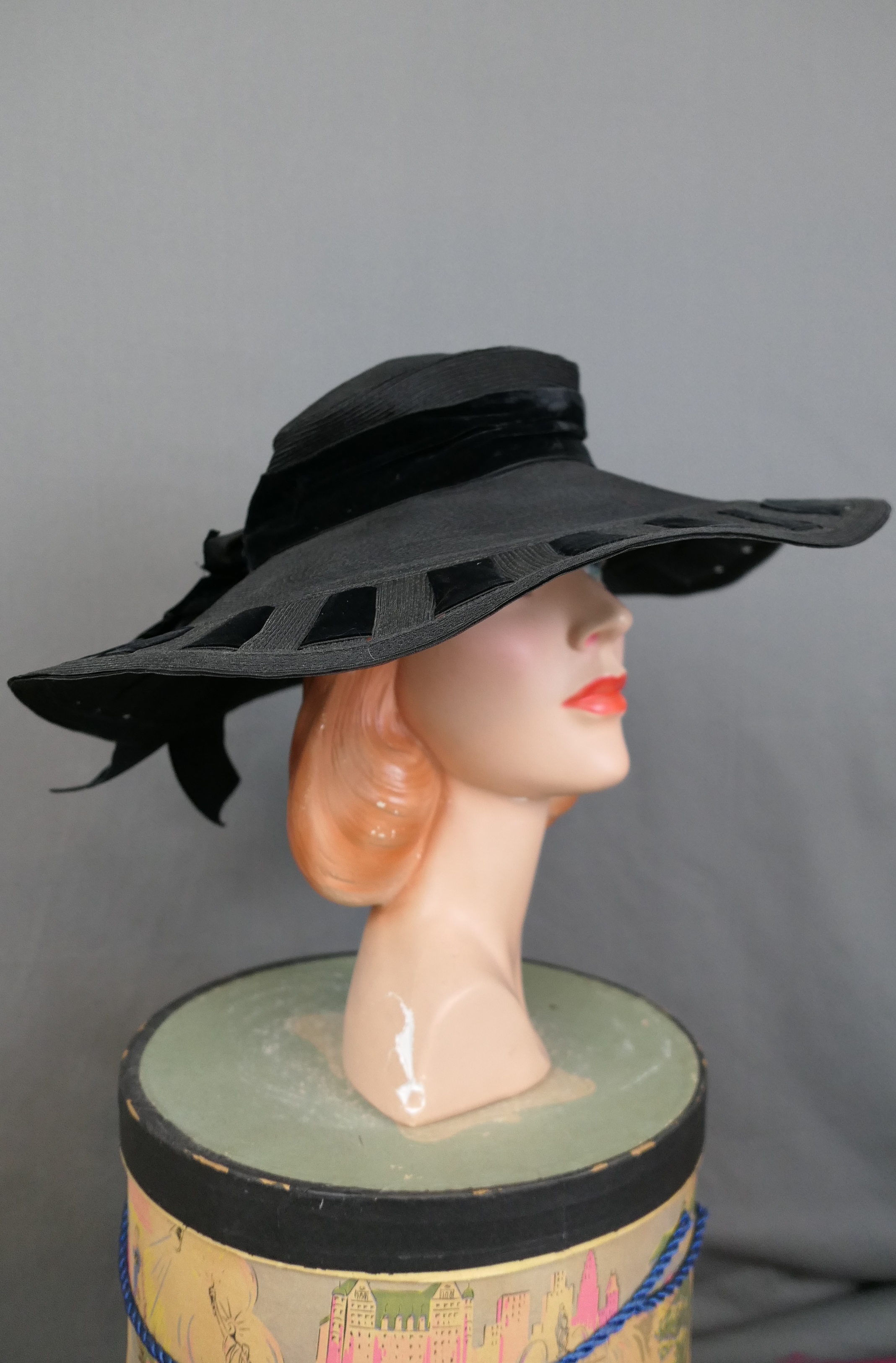 Vintage Black Wide Brimmed Hat  with Velvet Ribbon 1940s 17 inches wide, Alice May, 21 inch head 