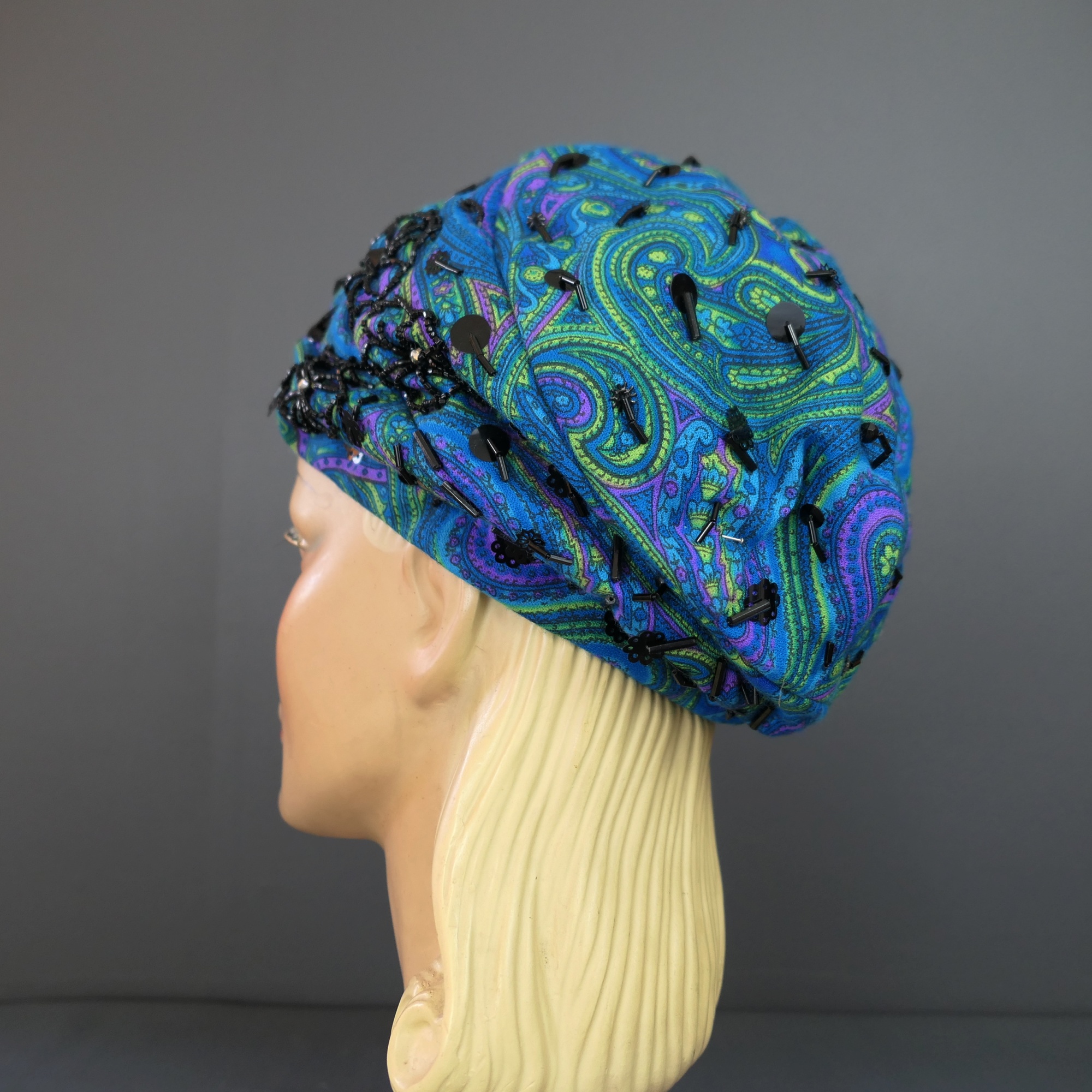 Vintage Turquoise Paisley Turban Hat Sequins & Beads, 1960s  display picture 3