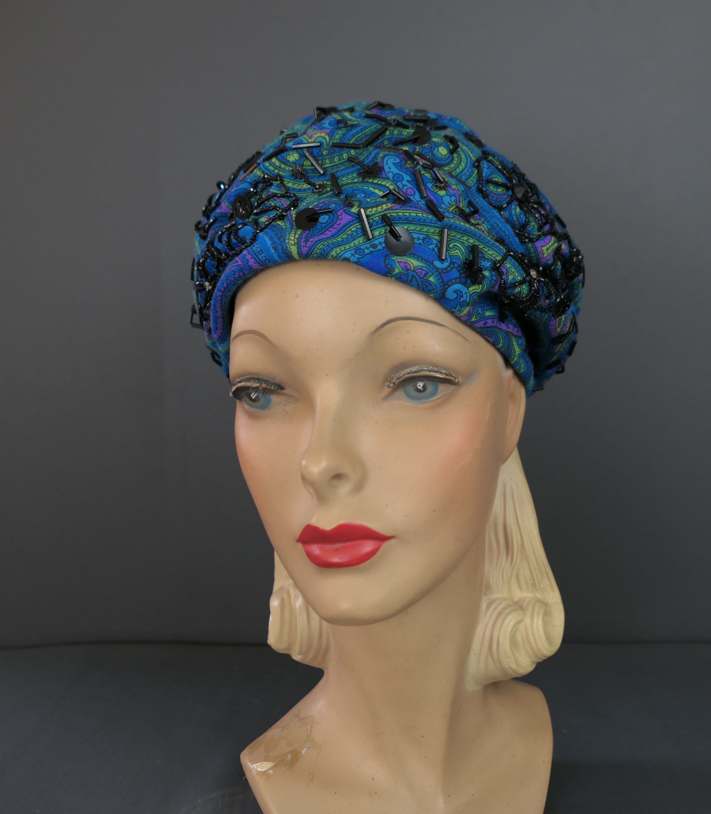 Vintage Turquoise Paisley Turban Hat Sequins Beads, 1960s 22