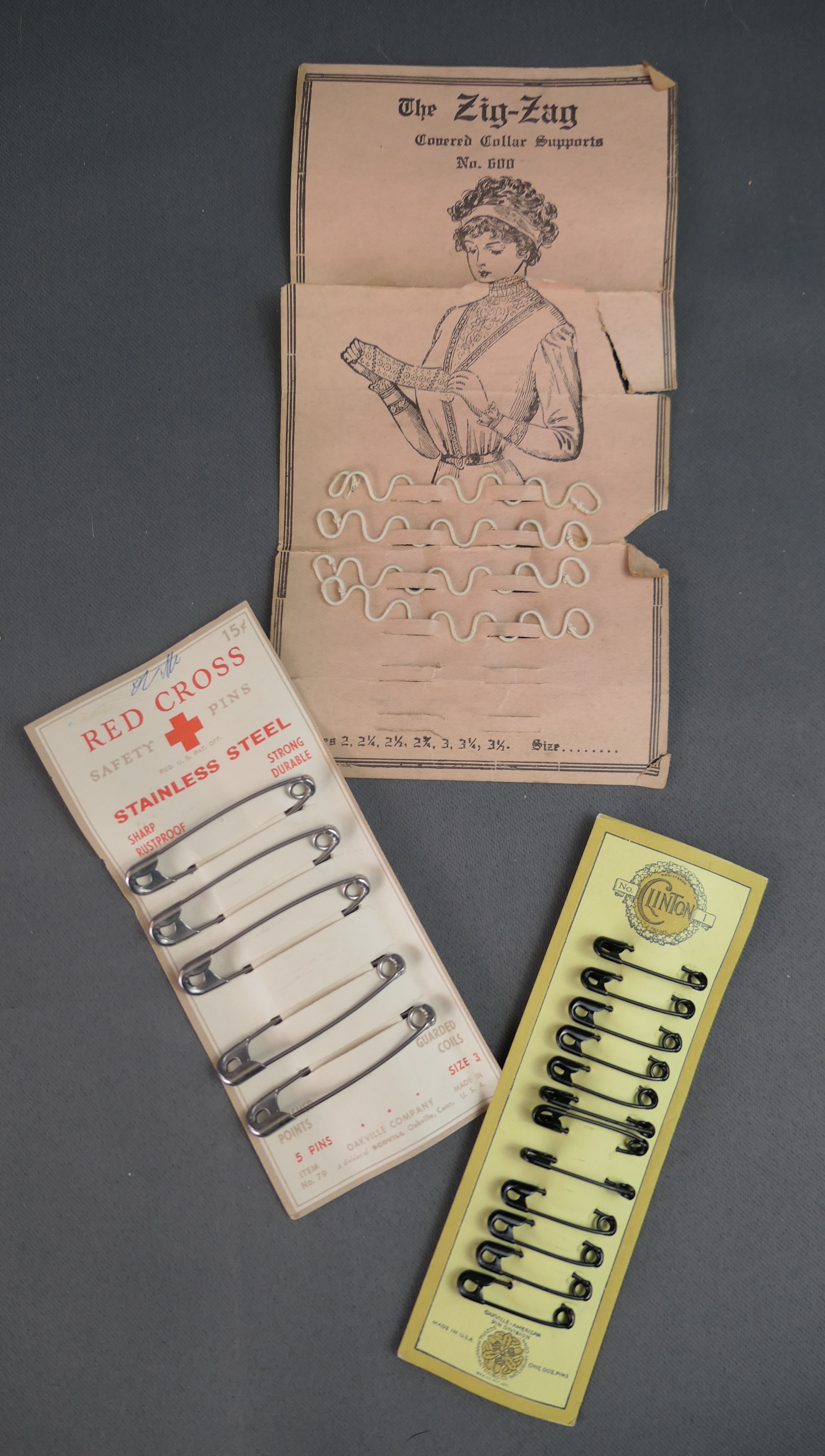 Early 1900s Red Cross Safety Pins, Clinton Black Safety Pins and