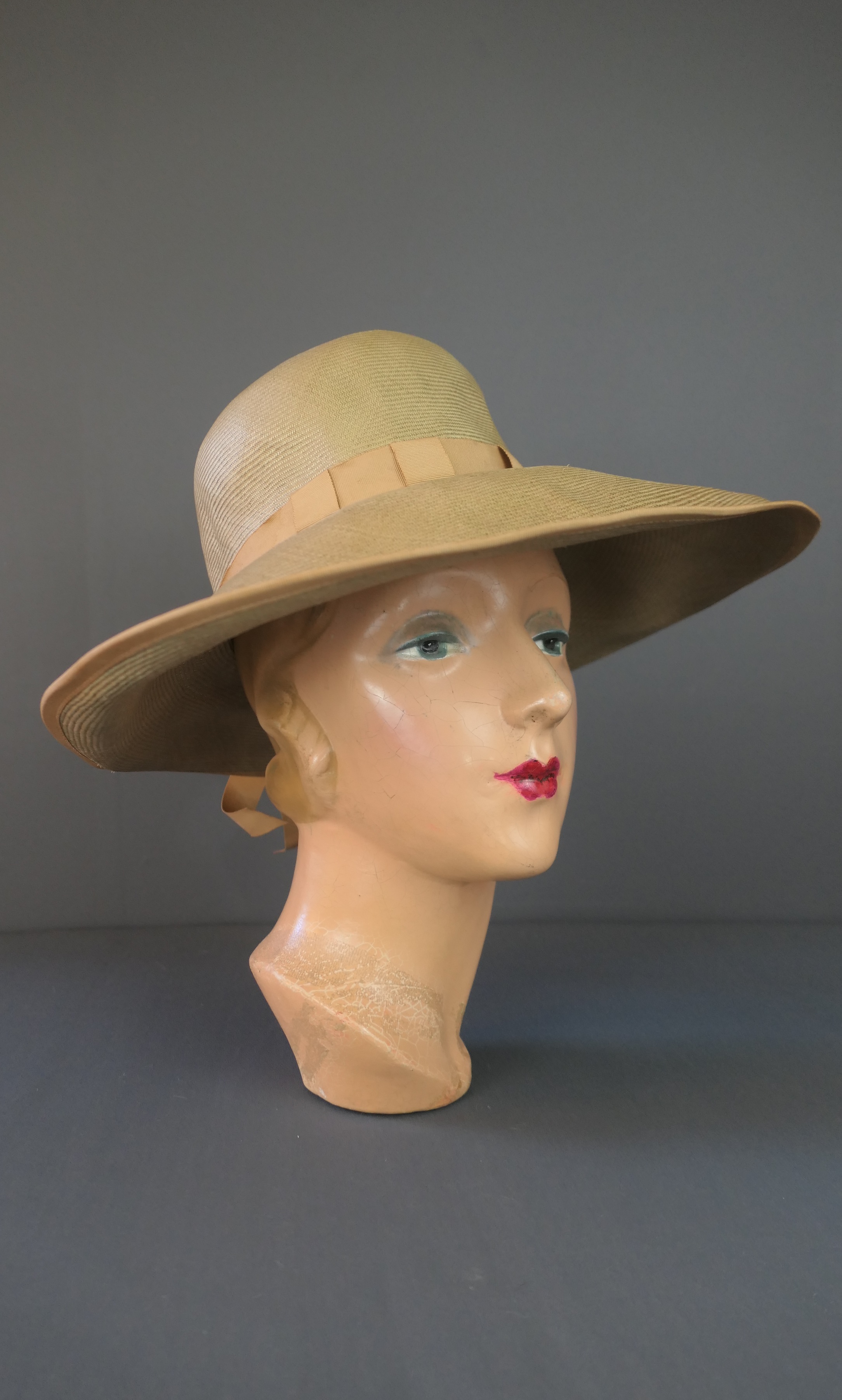 Vintage Beige Straw Hat with Wide Brim, 1960s, 21 inch head  by Joy Dorcey 