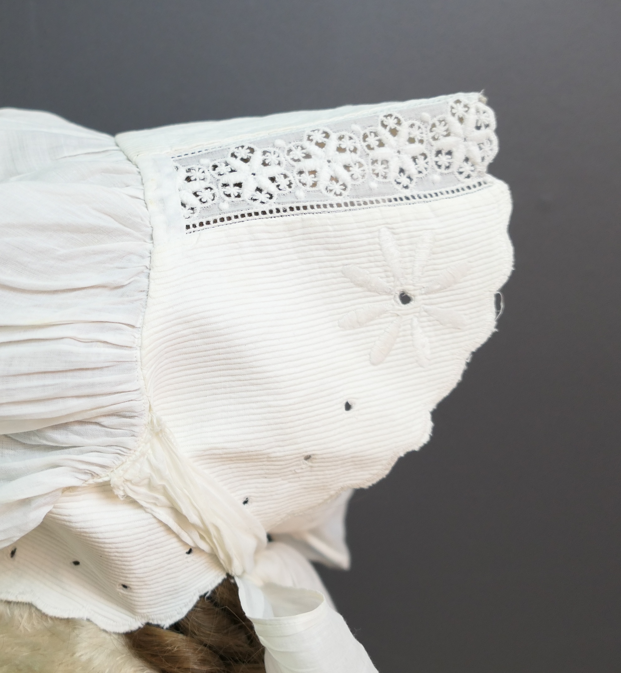 Edwardian Girl Sun Bonnet, White Cotton Lace & Embroidery