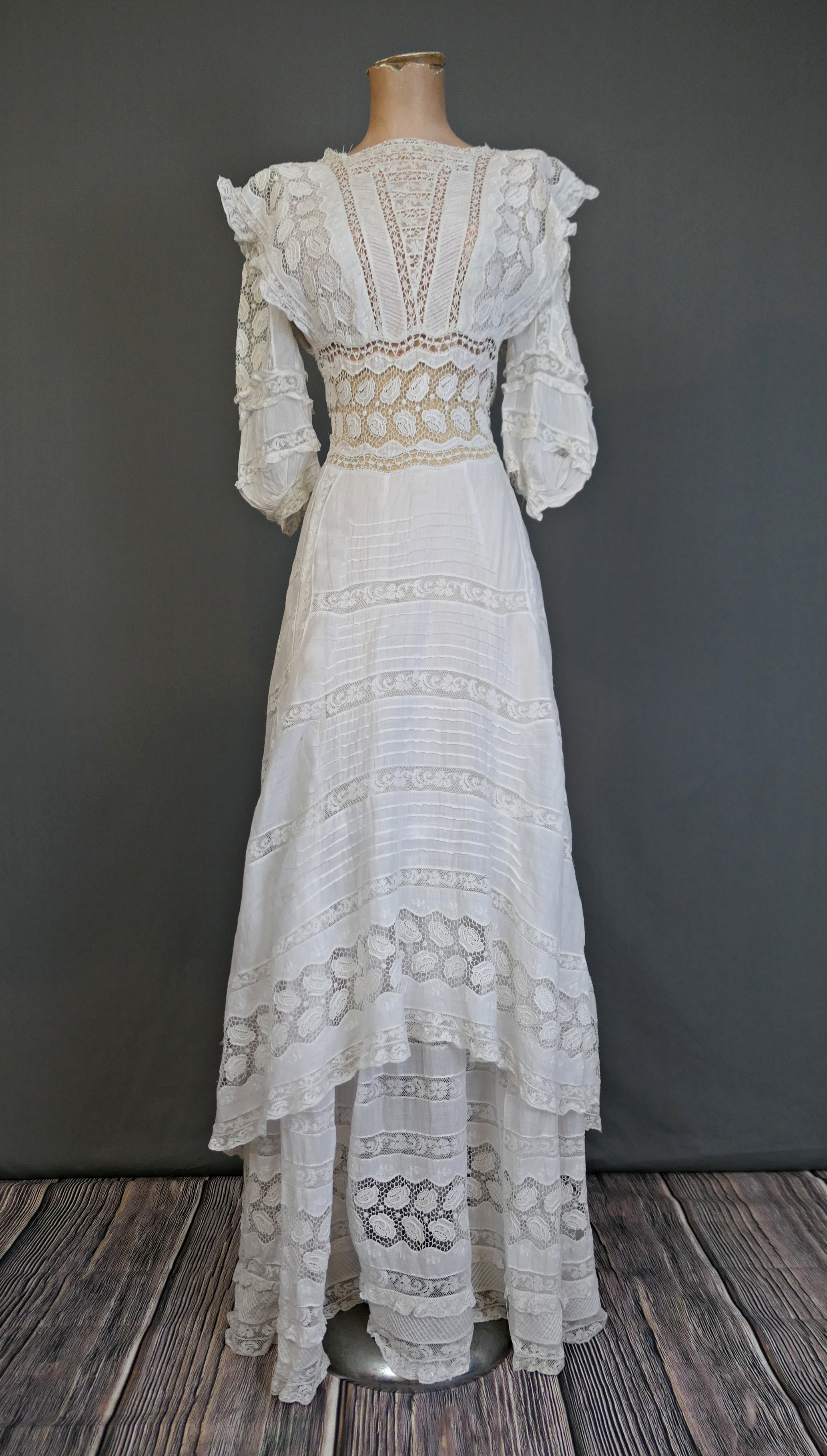 Antique 1900s Fancy Edwardian Dress, White Cotton & Lace XS
