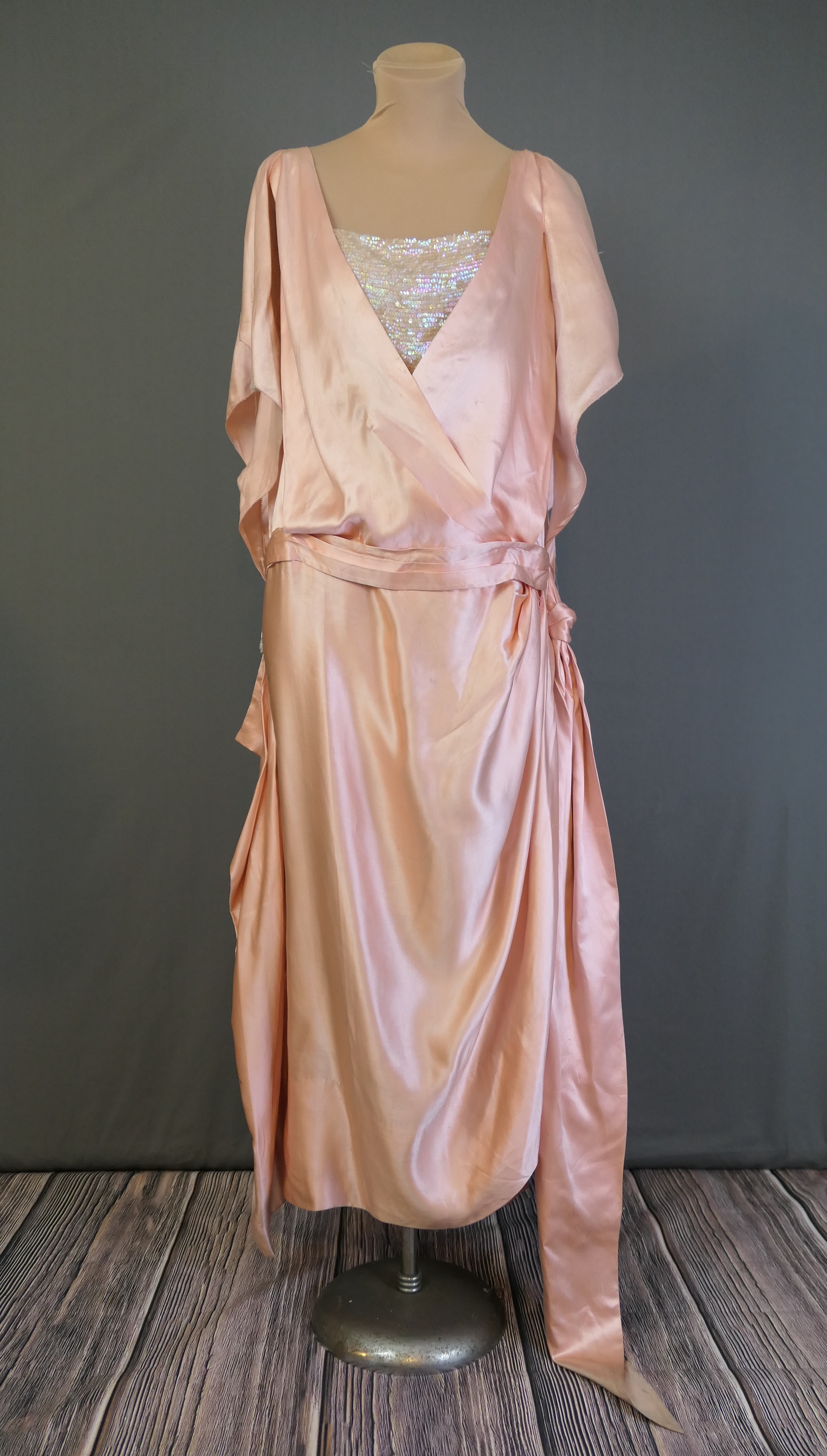 Antique 1910s Peach Satin Gown, Evening Dress, Sequins & Beads, with issues, 36 bust