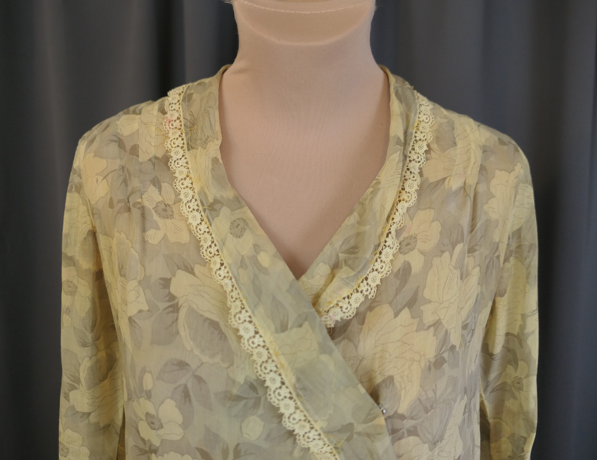 Vintage 1920s Voile Dress Sheer Yellow & Beige Floral with Lace 