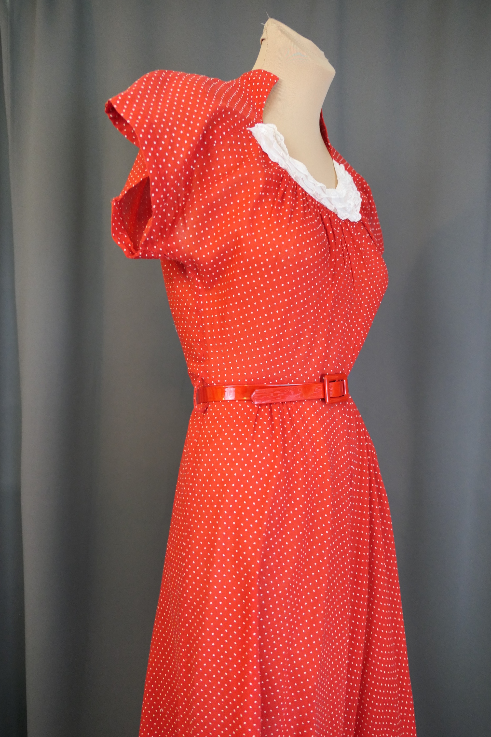 Vintage Red 1940s Dress White Dotted Swiss Cotton, 33 bust, aline skirt,  semi sheer