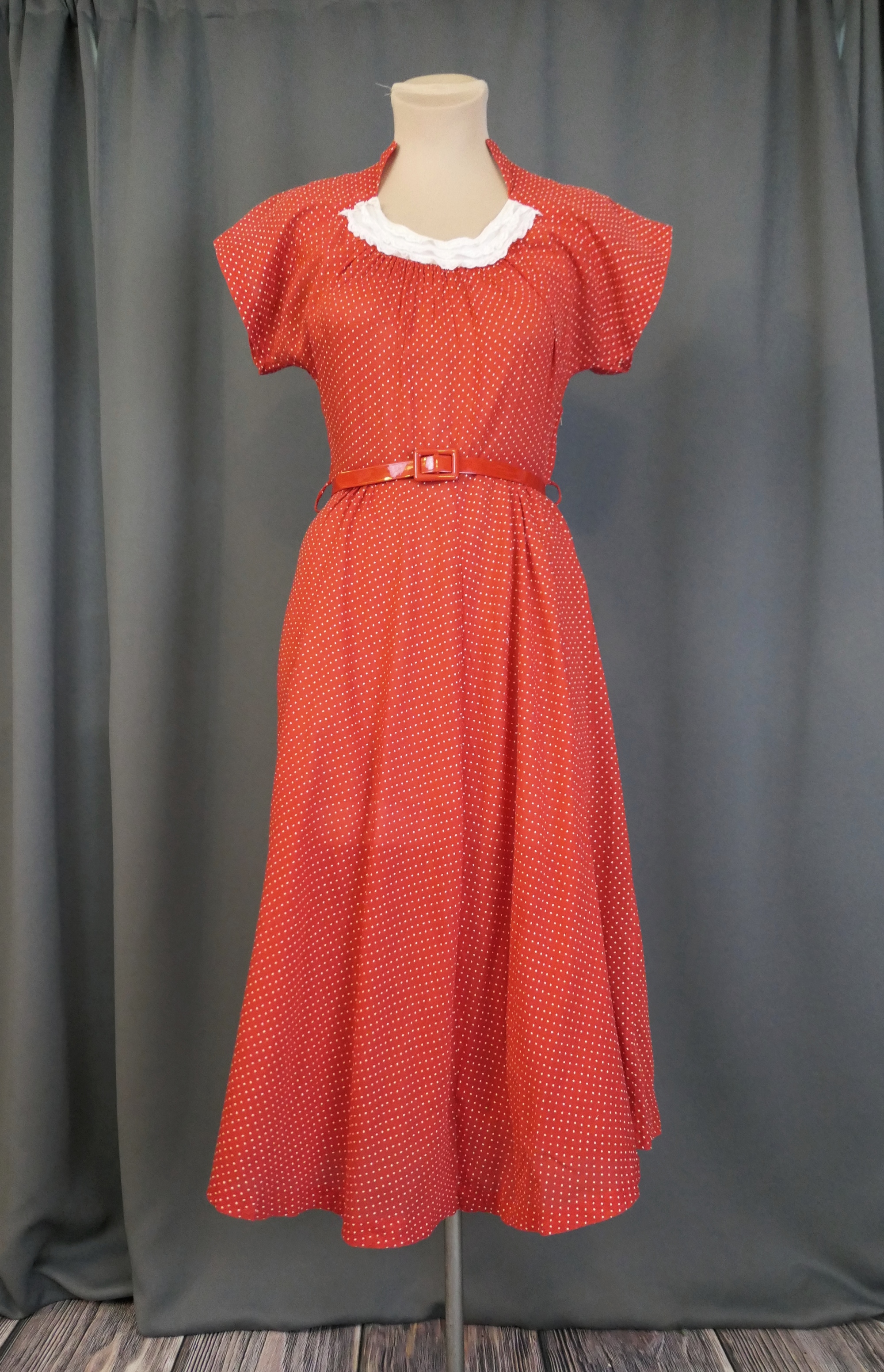 Vintage Red 1940s Dress White Dotted Swiss Cotton, 33 bust, aline skirt, semi sheer