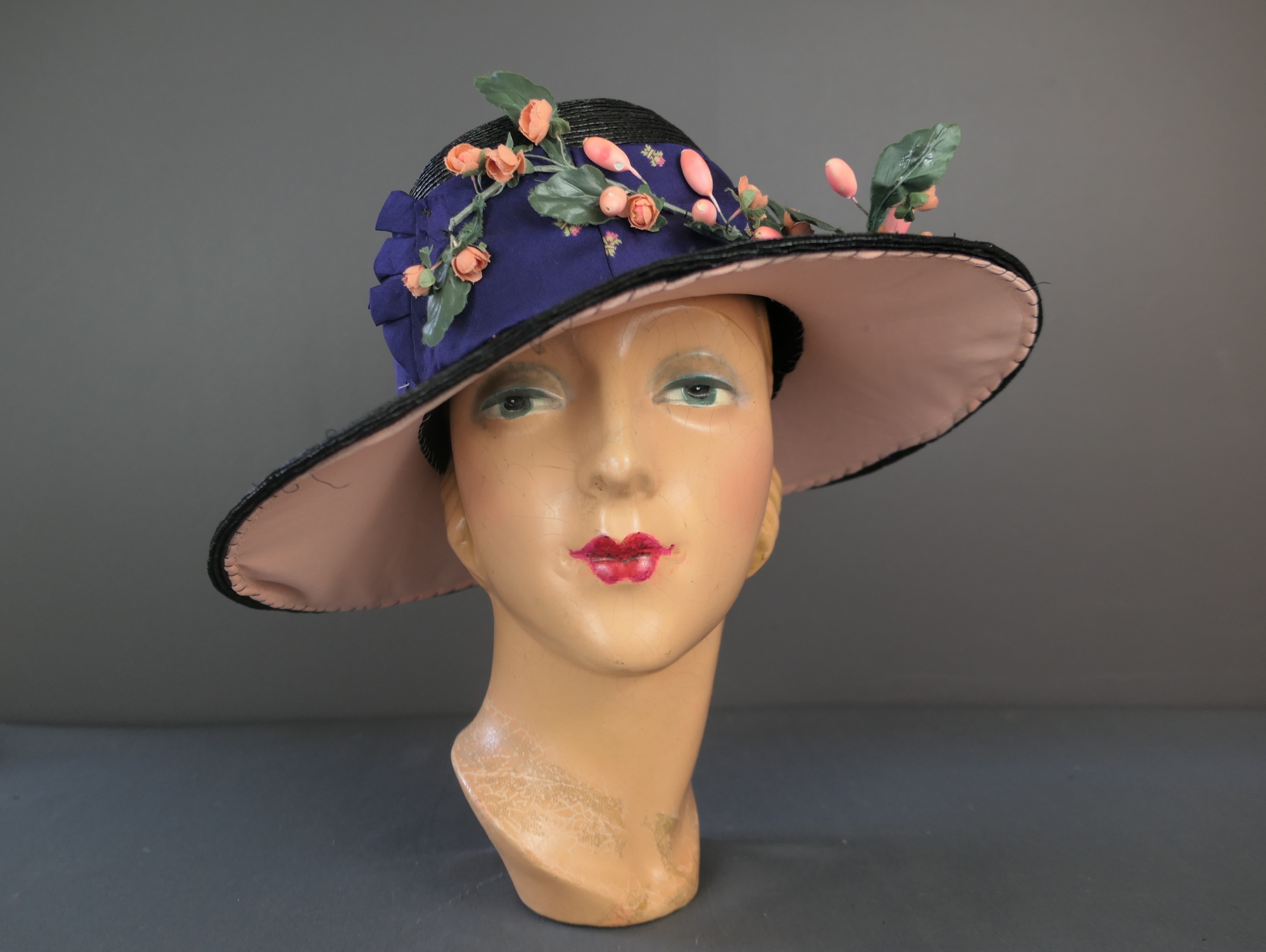 Vintage Edwardian 1920s Black Straw Hat, Wide Brim by