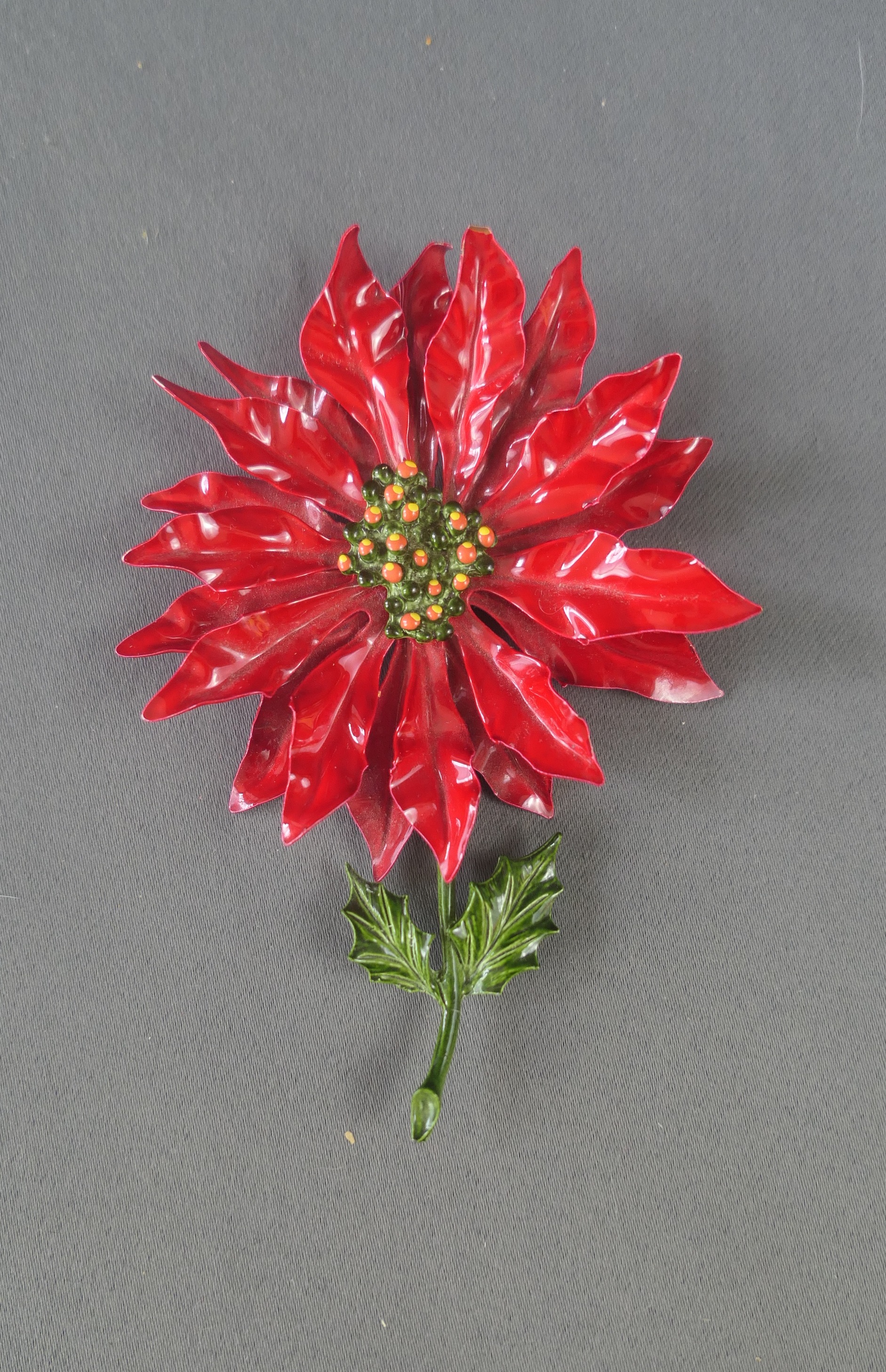Large Vintage Poinsettia Flower Brooch, Dimensional Novelty Christmas, Enamel Metal, 4-3/4 inches