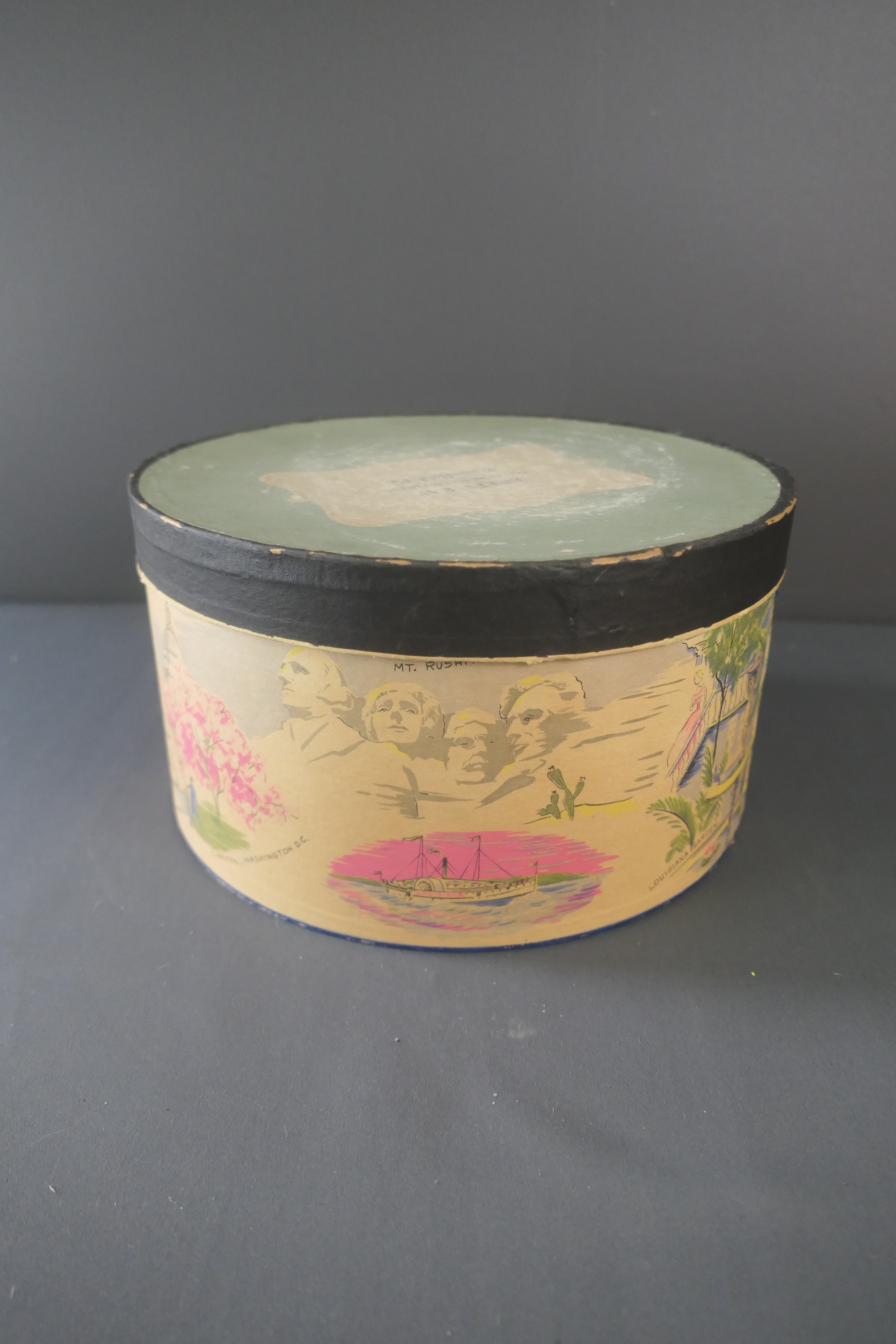 Vintage 1950s Hat Box Travel Destinations, Washington DC, Mount Rushmore, Louisiana Garden, Hollywood, Statue of Liberty New York, Niagara