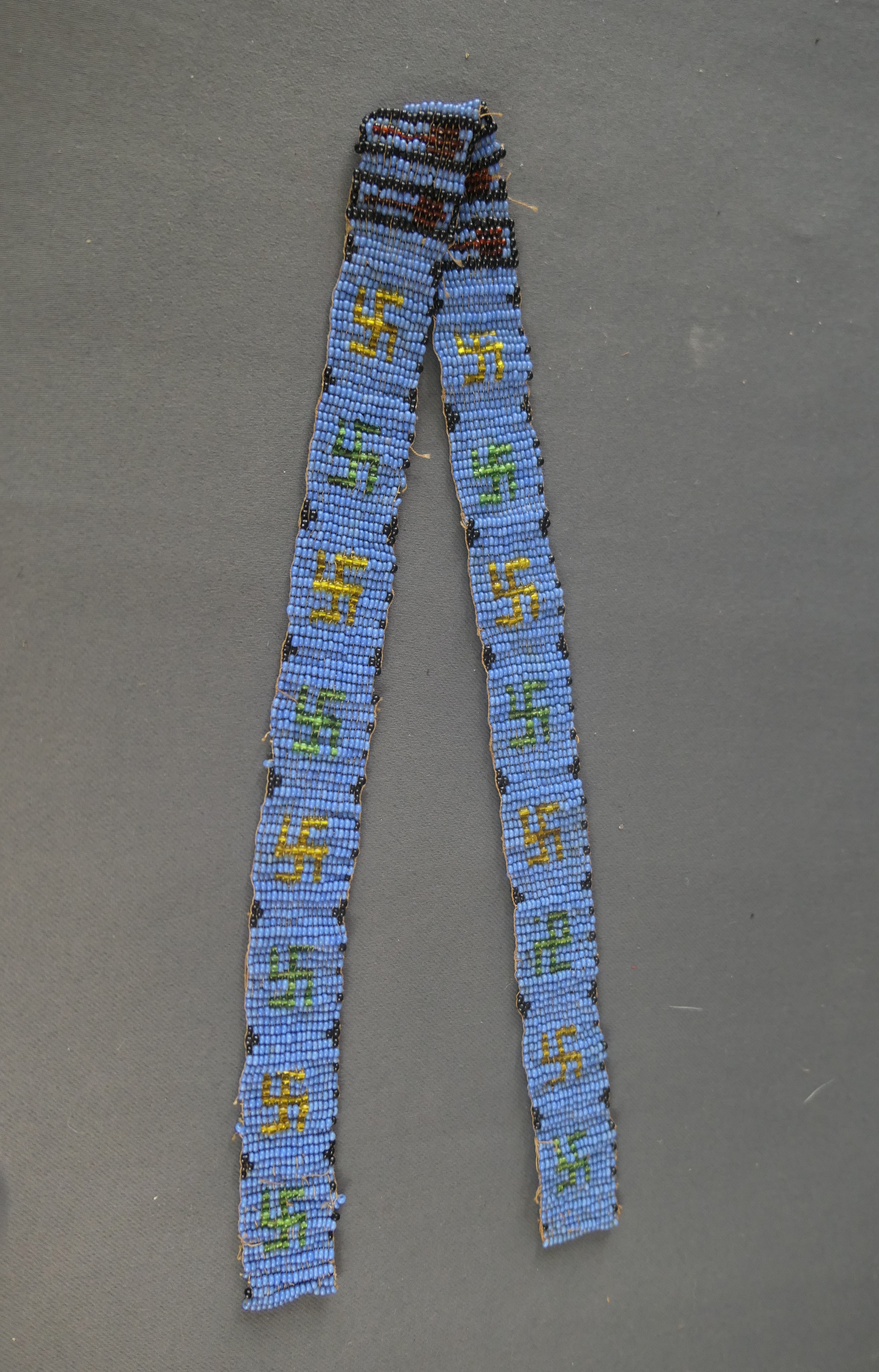 Vintage Hand Beaded Trim with Native American Whirling Log Symbols 1920s, 22 inches long, 3/4 inch wide, Turquoise Glass Beads