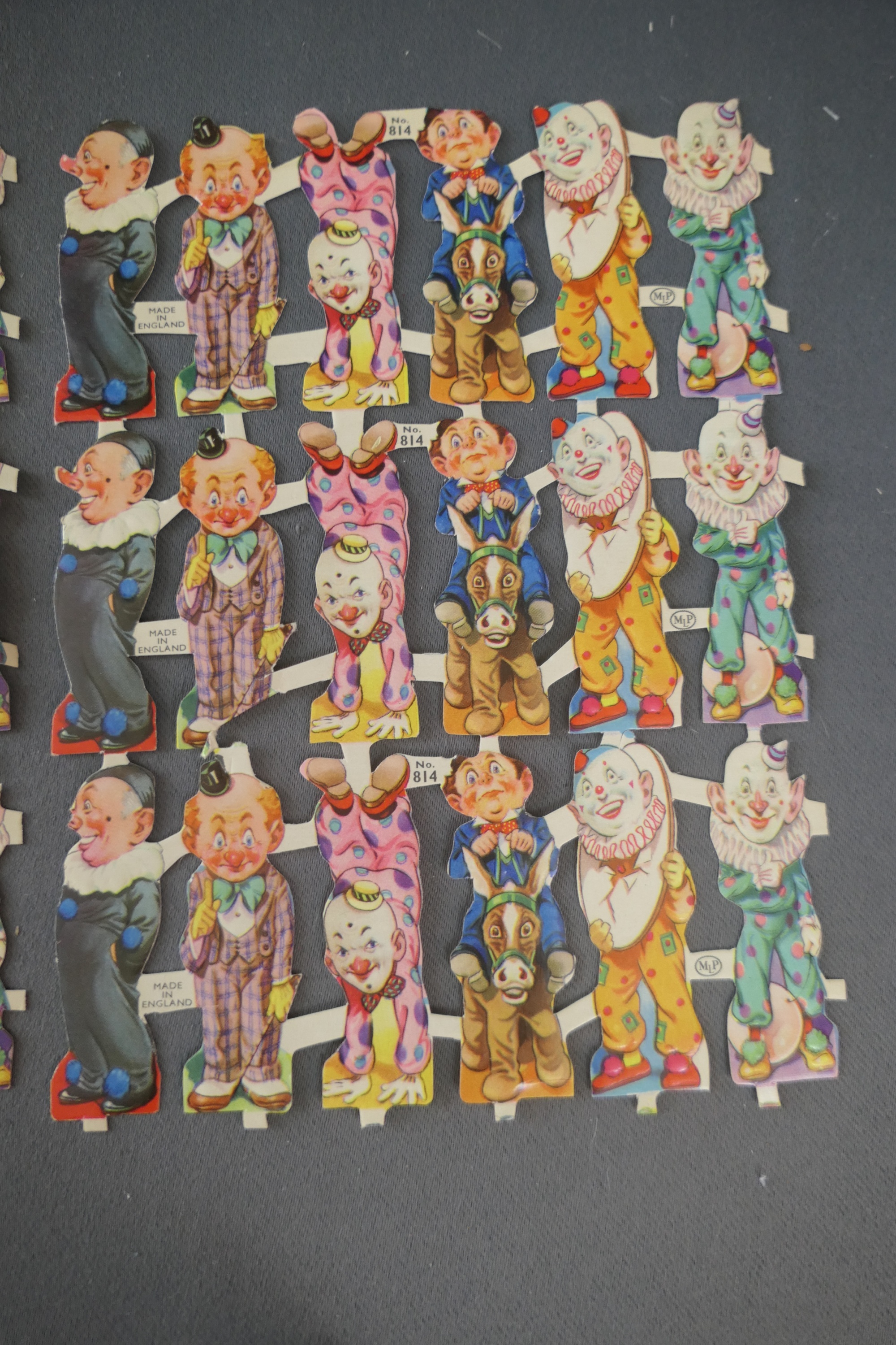 Vintage Die Cut Comical Clowns Sheet of 18, made in England, 2 inches, Scrapbooking, Crafts, Lithograph, MLP 814