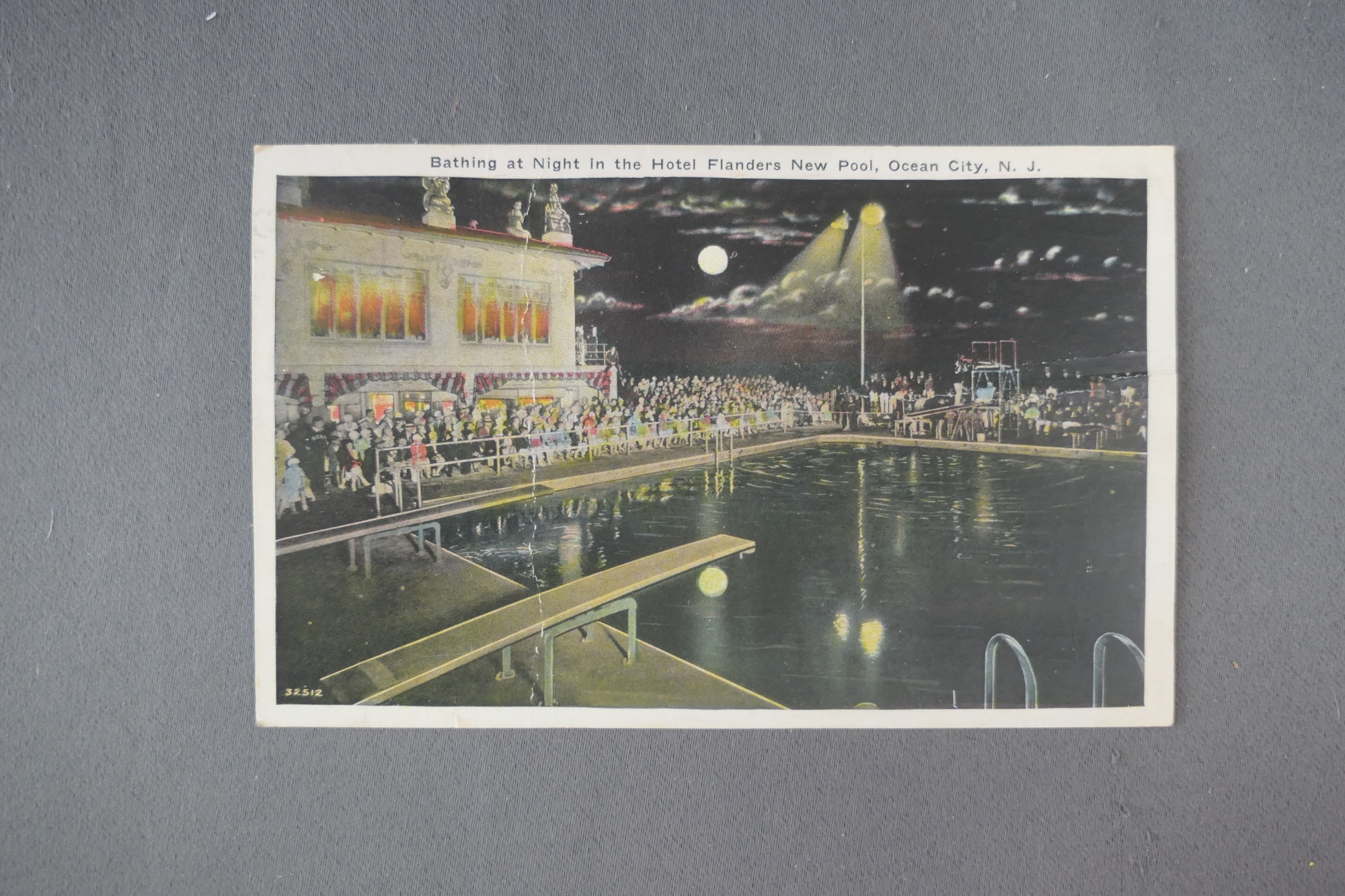 Vintage 1930s Post Card Ocean City New Jersey, Bathing at night in the Hotel Flanders new Pool, Color