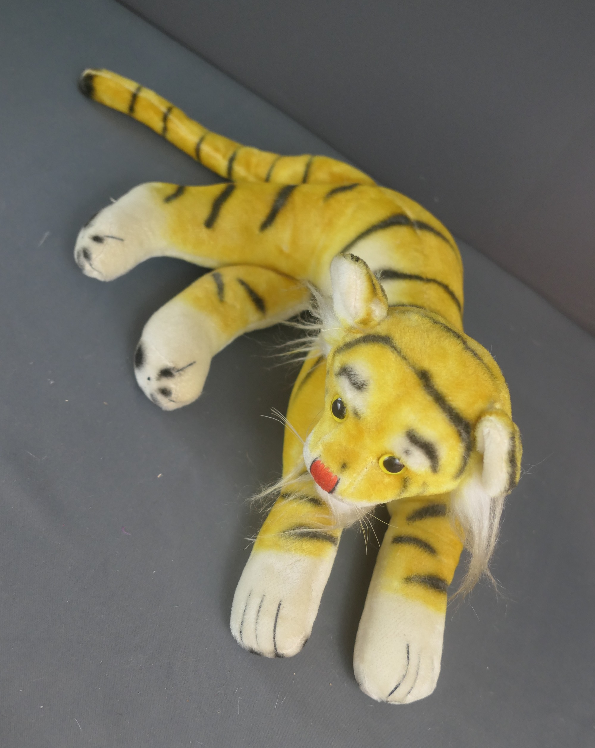 Vintage Laying Tiger Stuffed Toy, 15 inches, Pussy Cat Toy Co. 1960s