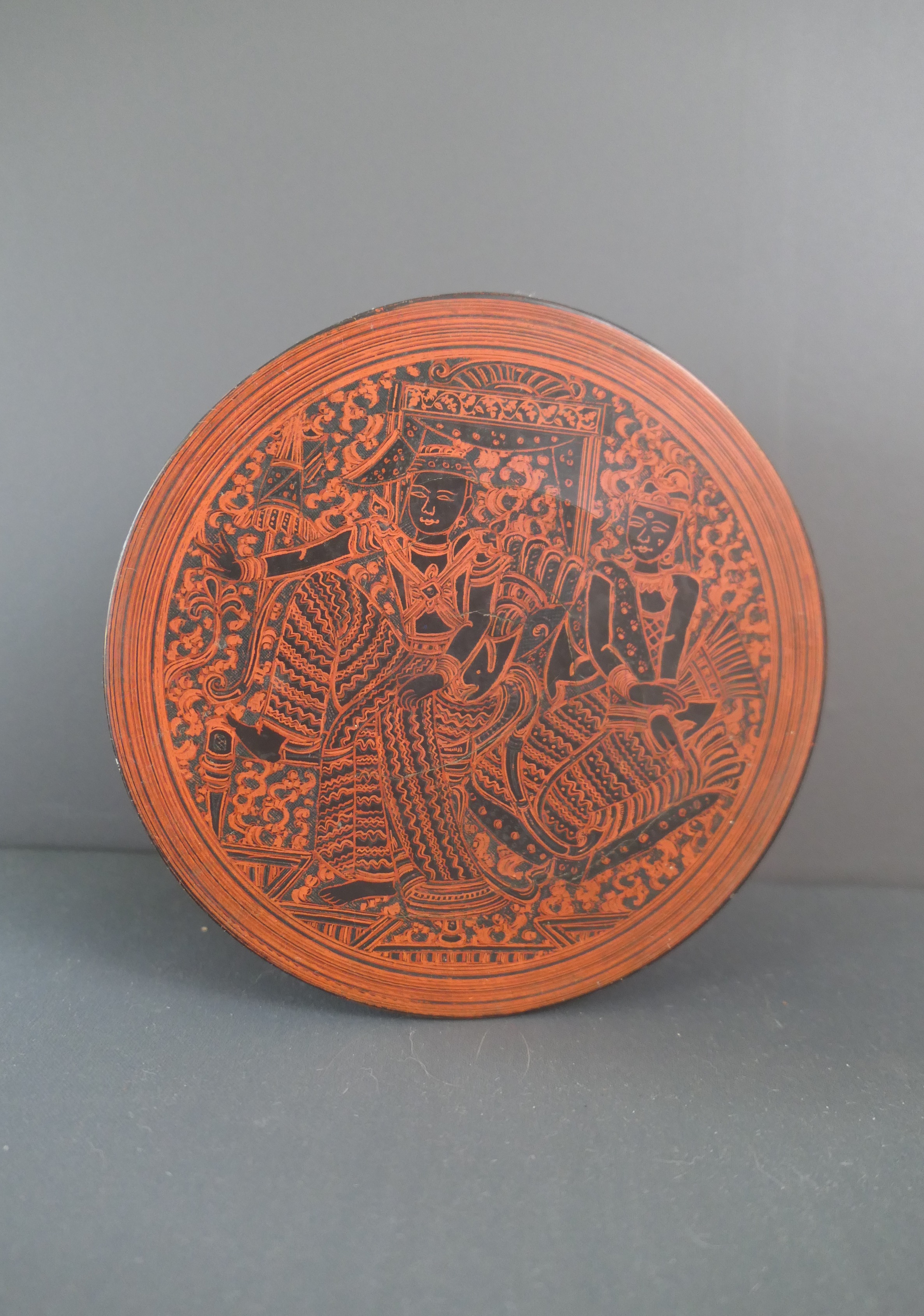 Vintage Round Lacquer Box with Asian Figures People, 3 pieces, 7 inches, Red & Black, some issues