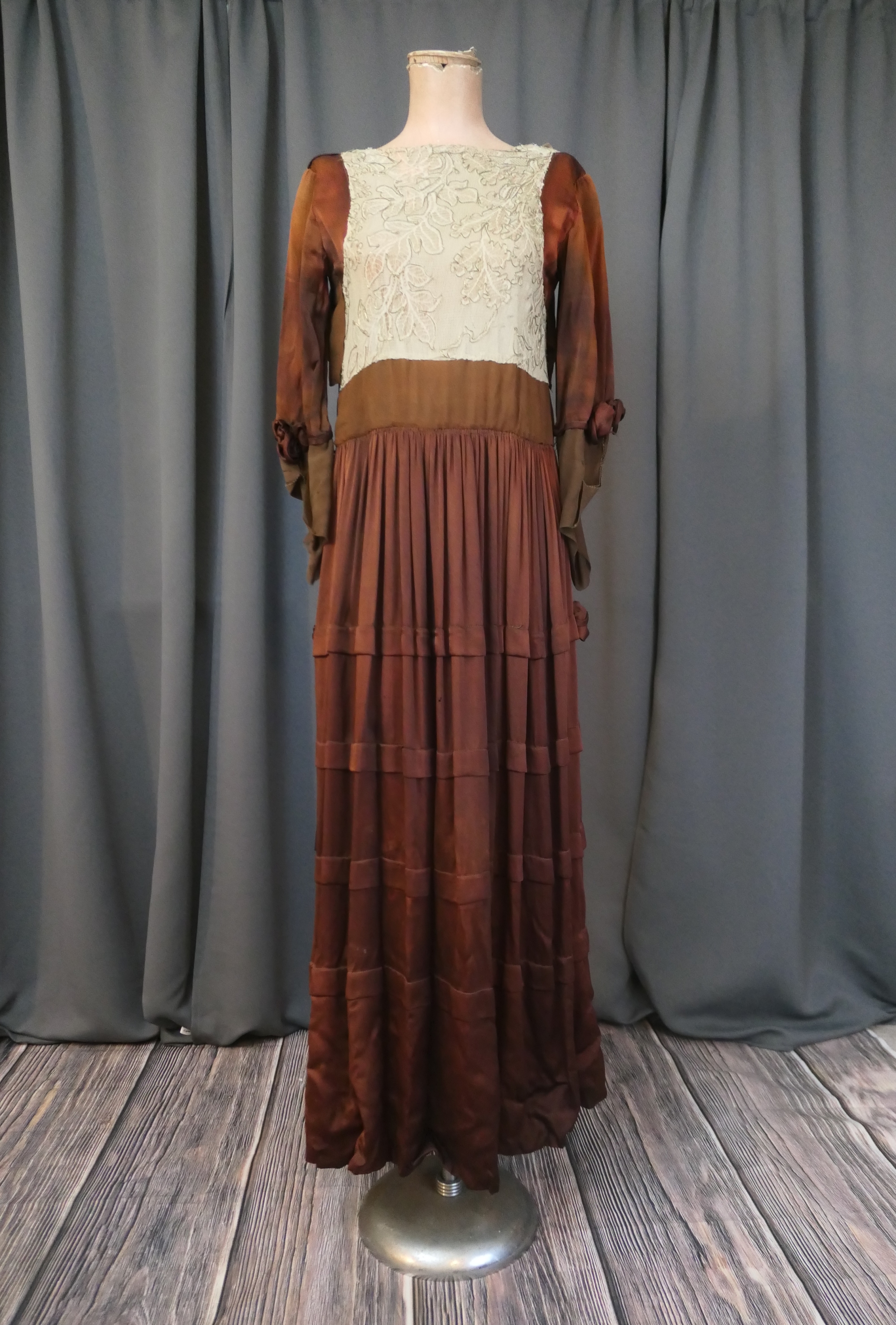 Edwardian Brown Silk & Lace Dress, 1900s Antique Gown, Damaged, Display  Study, Gold Thread Detail
