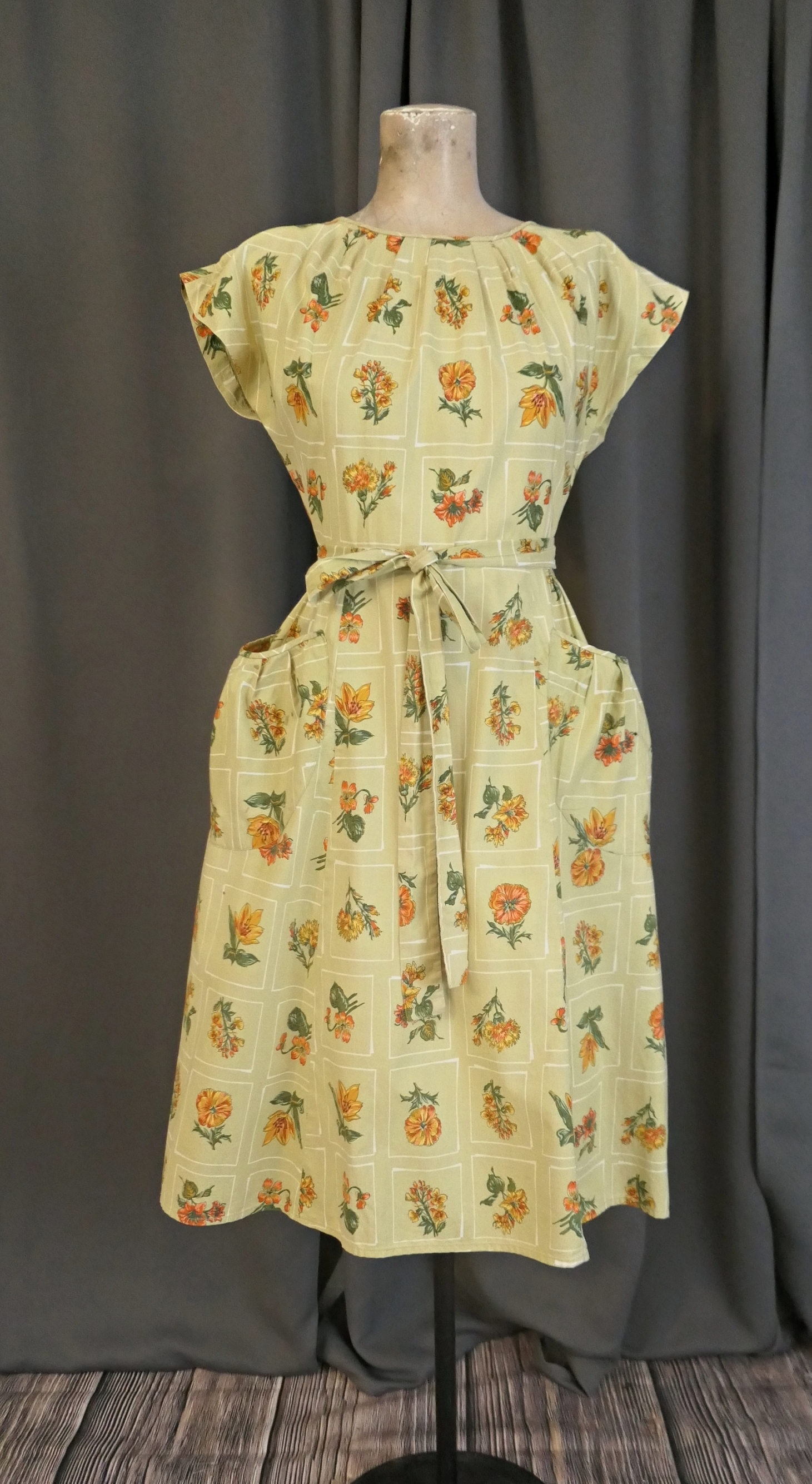 Vintage 1950s Floral Swirl Dress, Cotton Summer Wrap, Yellow-Green with Orange Flowers, fits 36 bust