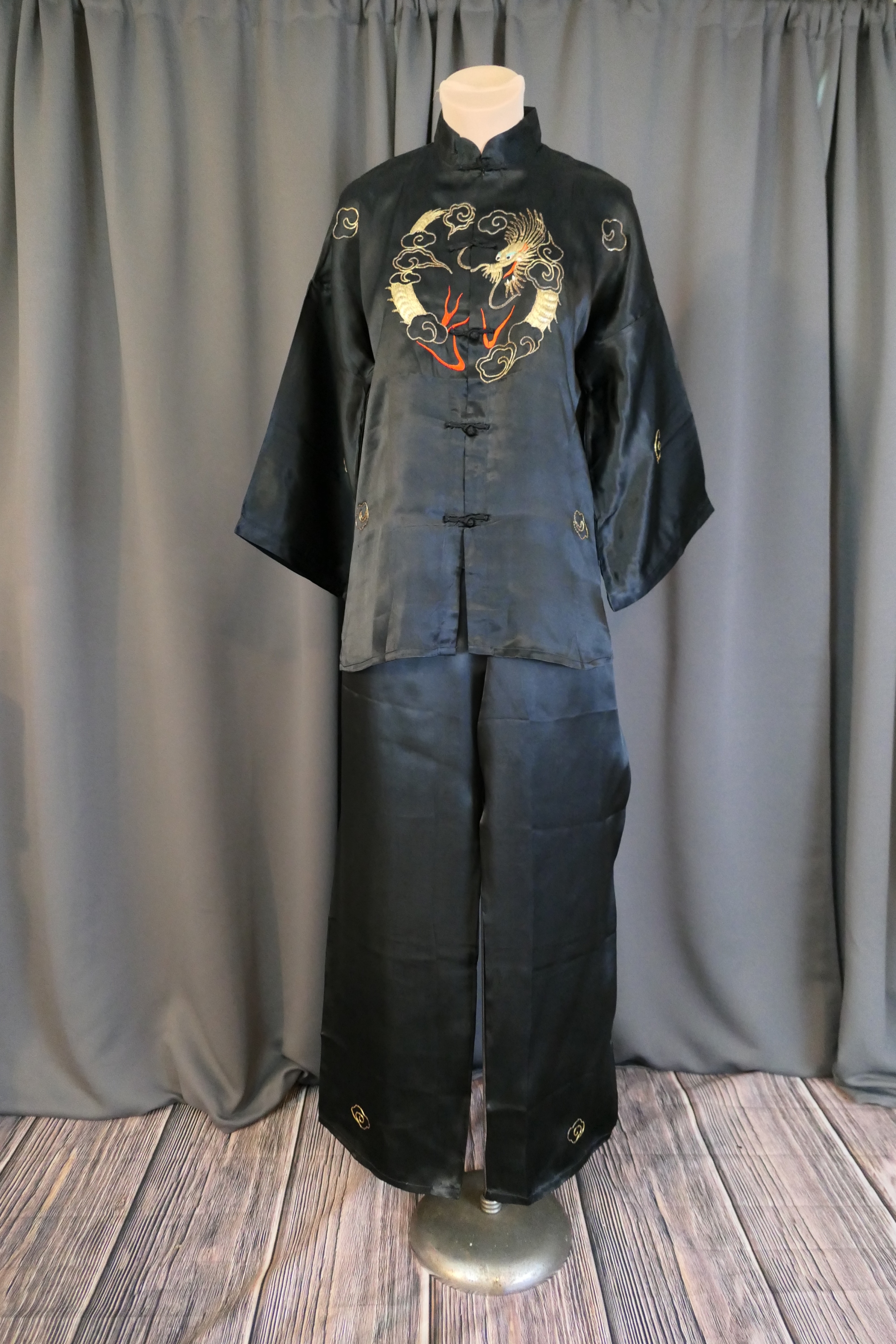 Vintage Black Pajamas 1940s Rayon Satin, Embroidered Dragon, Wide