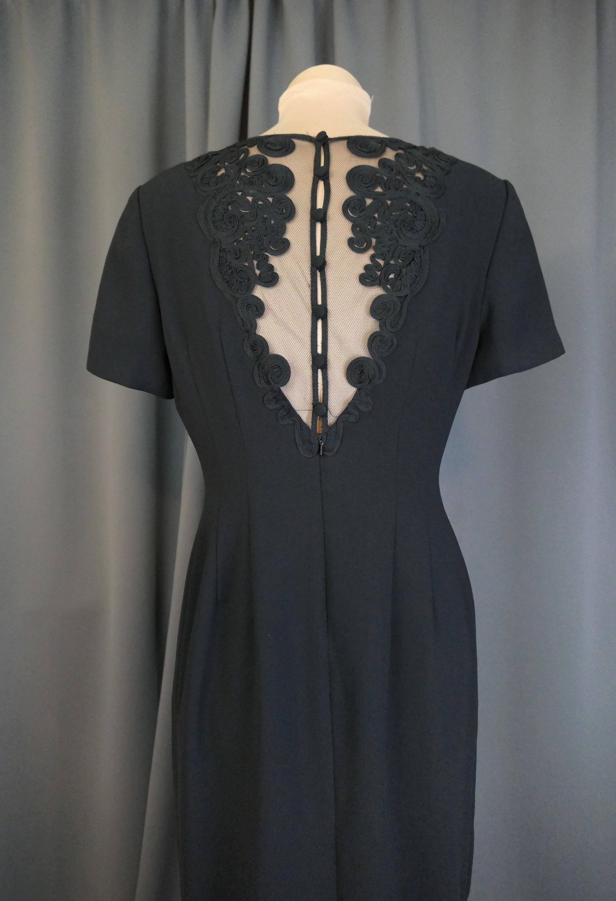Vintage Black Party Petite Gown with Sheer Mesh Back and Buttons, 1990s, 36 inch bust, MariAnna Petites