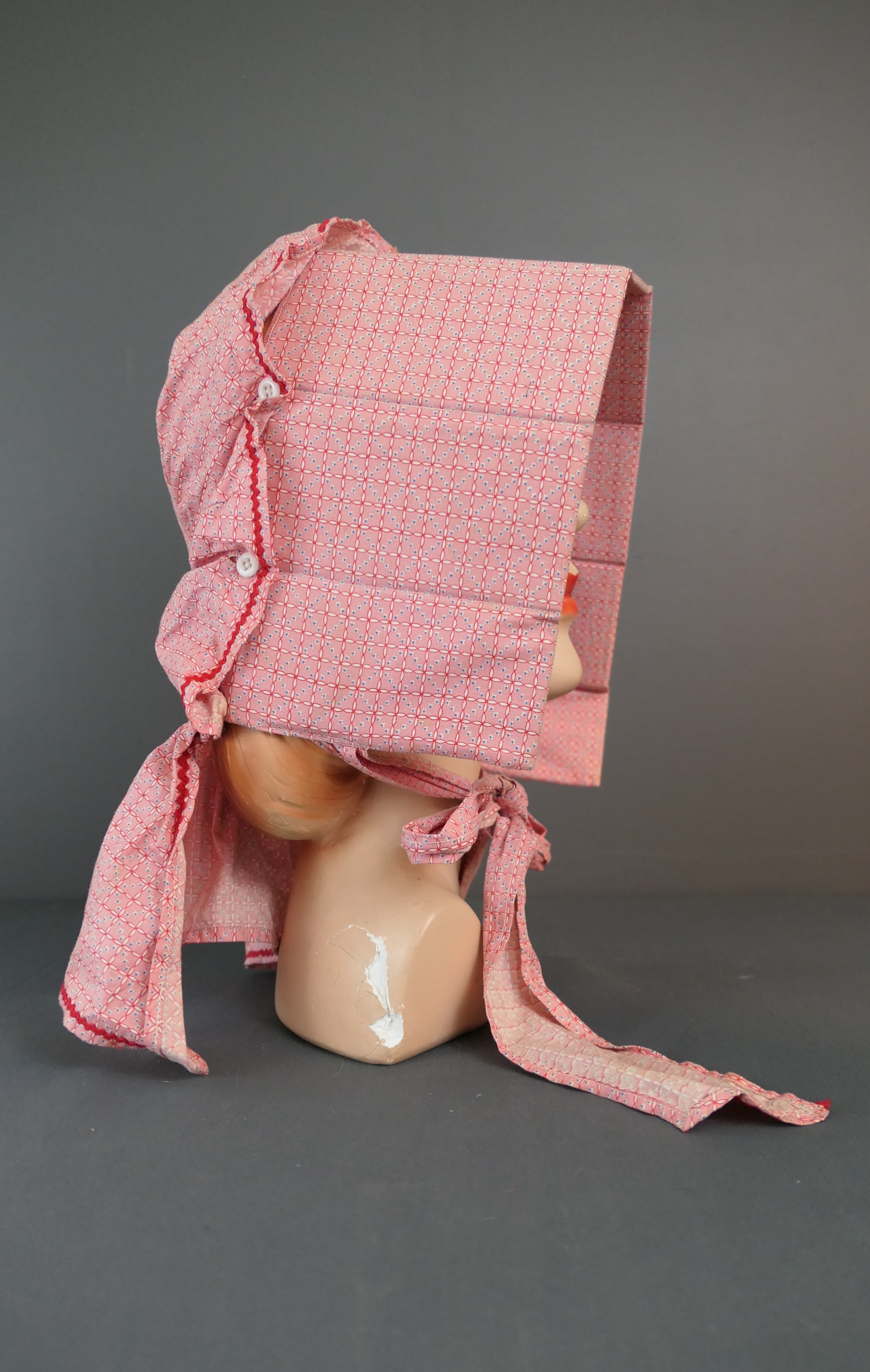 Vintage Bonnet Pink & Red Print Work Sun Prairie Bonnet with Buttons and Removable Cardboard Slats in Brim