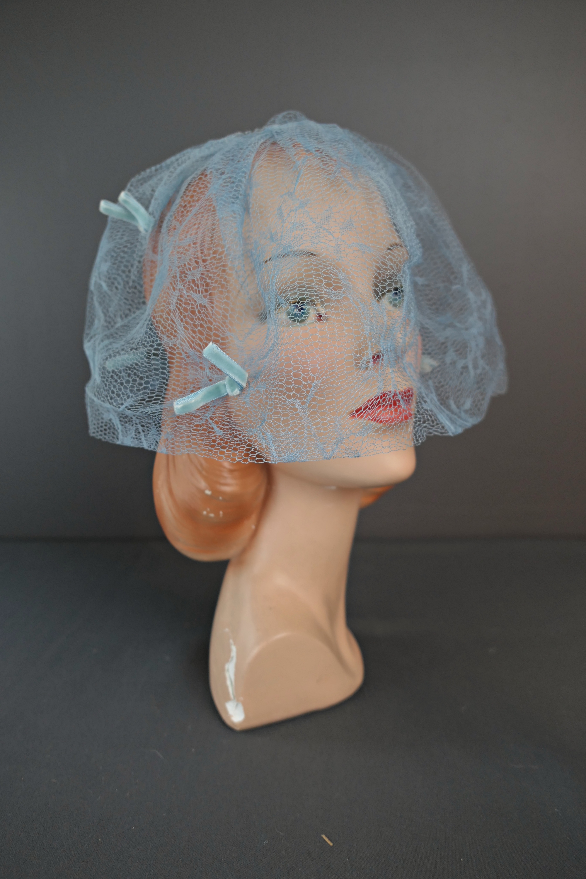 Vintage Hat Light Blue Tulle Netting Veil 1960s, fits any size, velvet bows