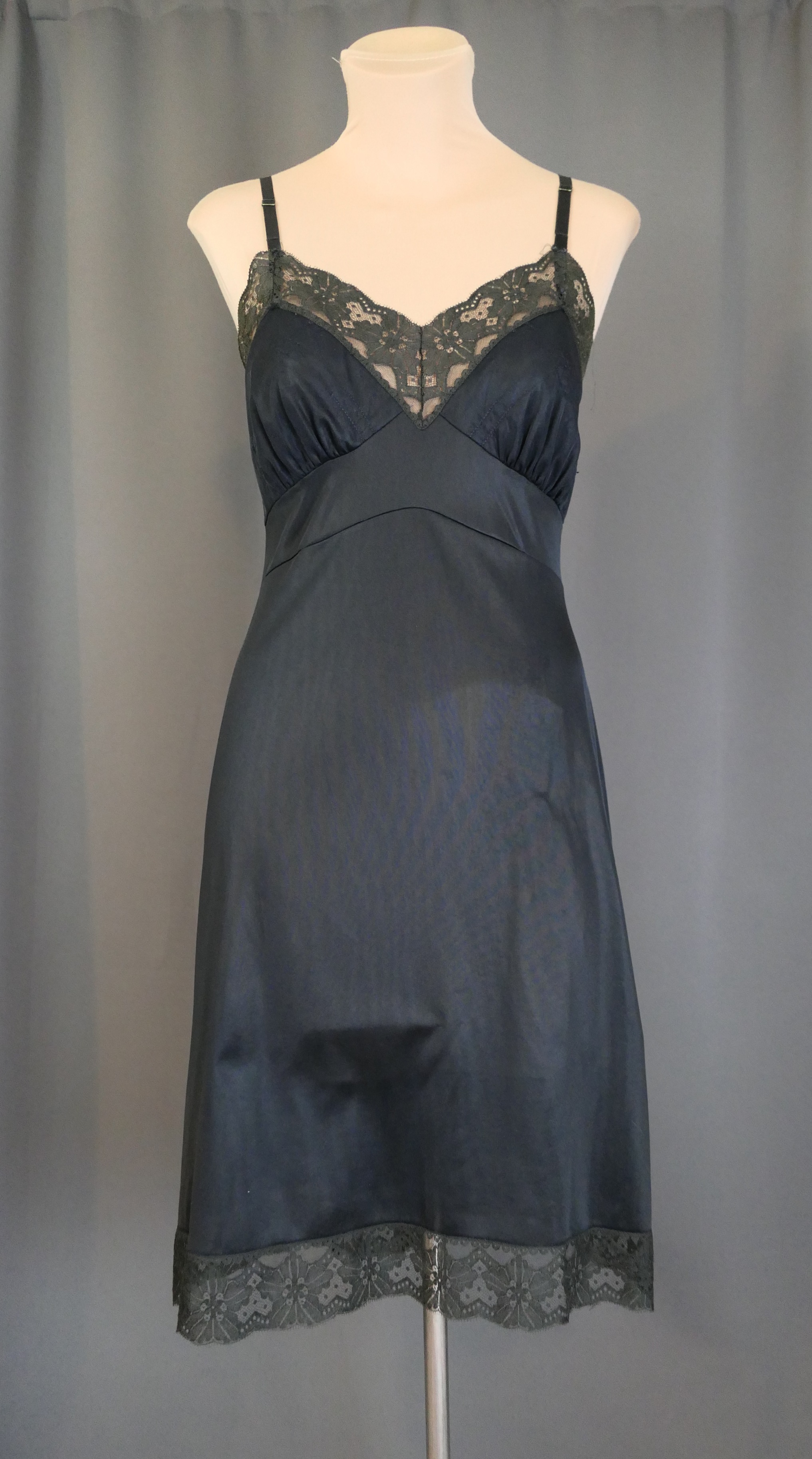 Vintage Black Full Slip with Lace Trim, 34 bust, 1960s Munsingwear, 34 Short, shows wear
