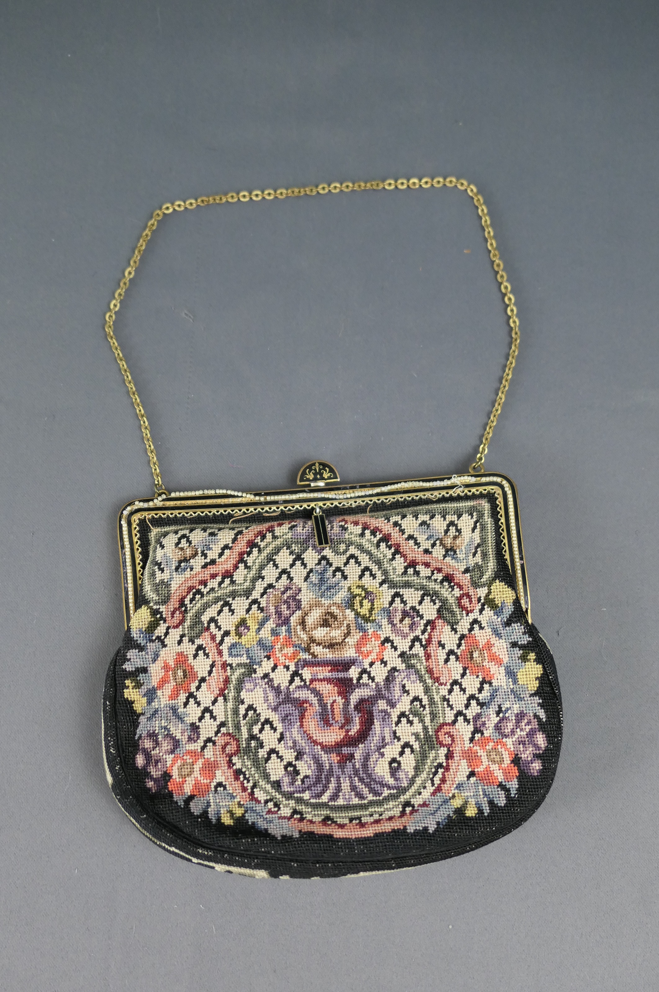 Vintage Black Petit Point Needlepoint Purse Floral Urn,  Antique 1920s, Enamel Tiny Pearls, some issues