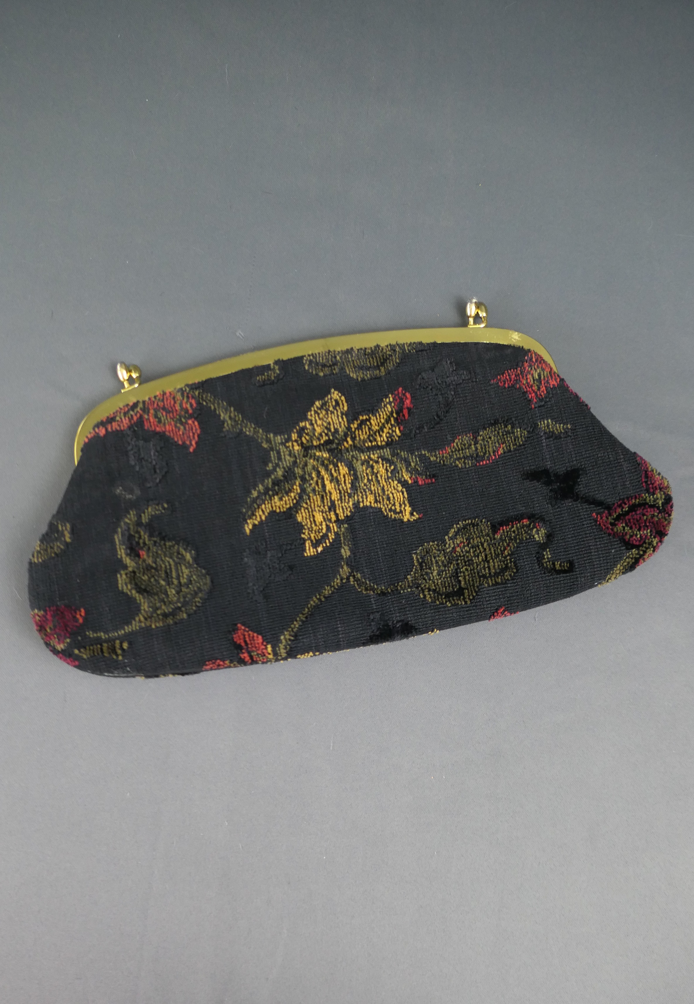 Vintage Black Floral Clutch Purse, Tapestry Carpet Fabric 1950s 1960s