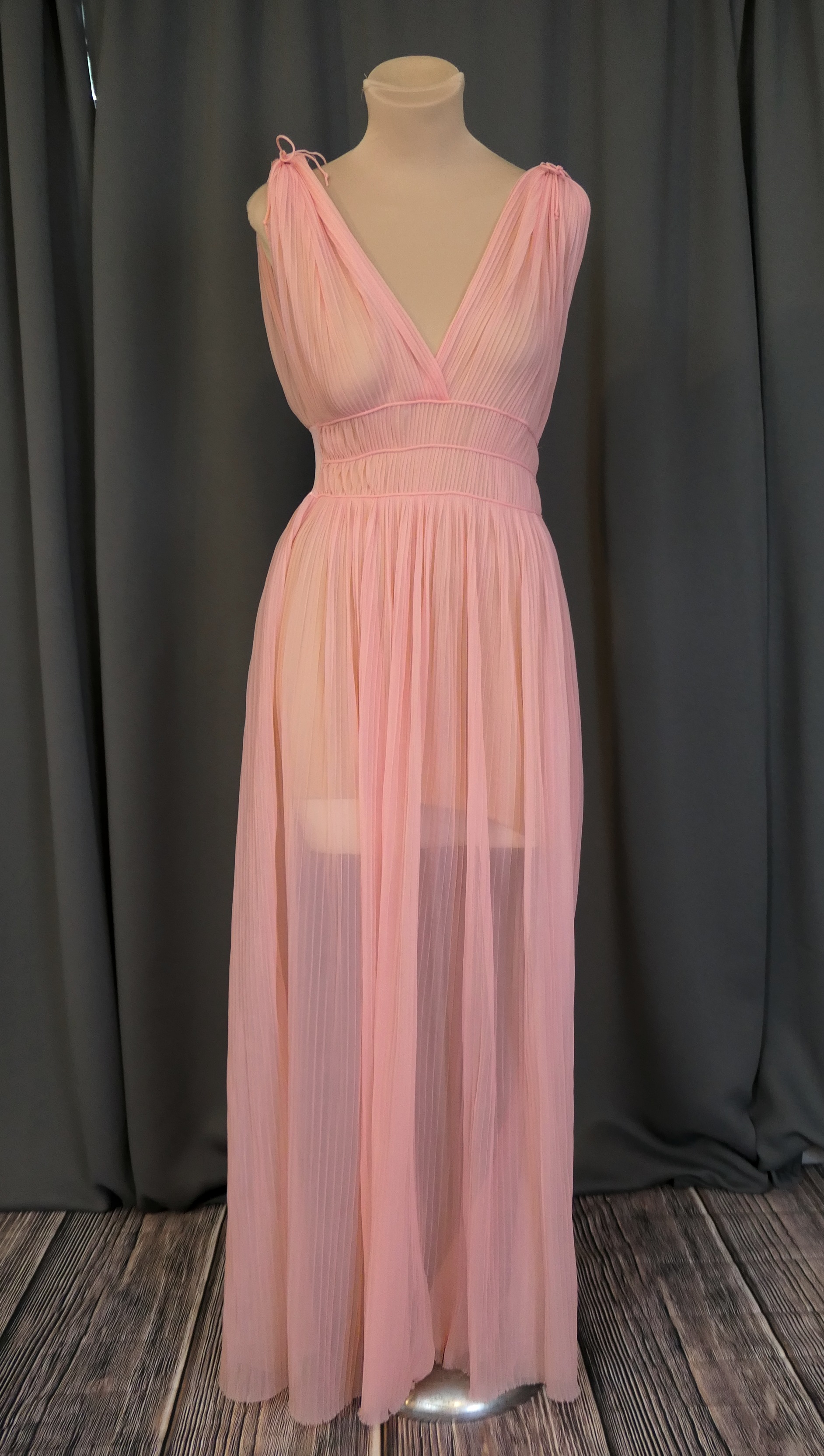 Vintage Pink Sheer Pleats Nightgown, 1950s Edward's Lingerie Nylon, 34 bust, issues