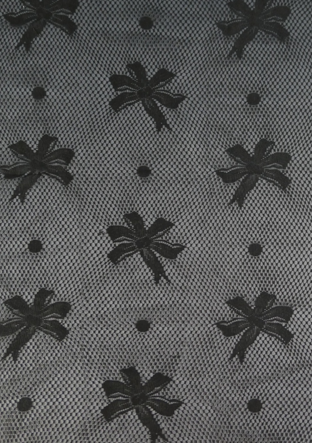 Antique Black Silk Lace Fabric Remnant, Bows and Polka Dots,  26 x 29 inches