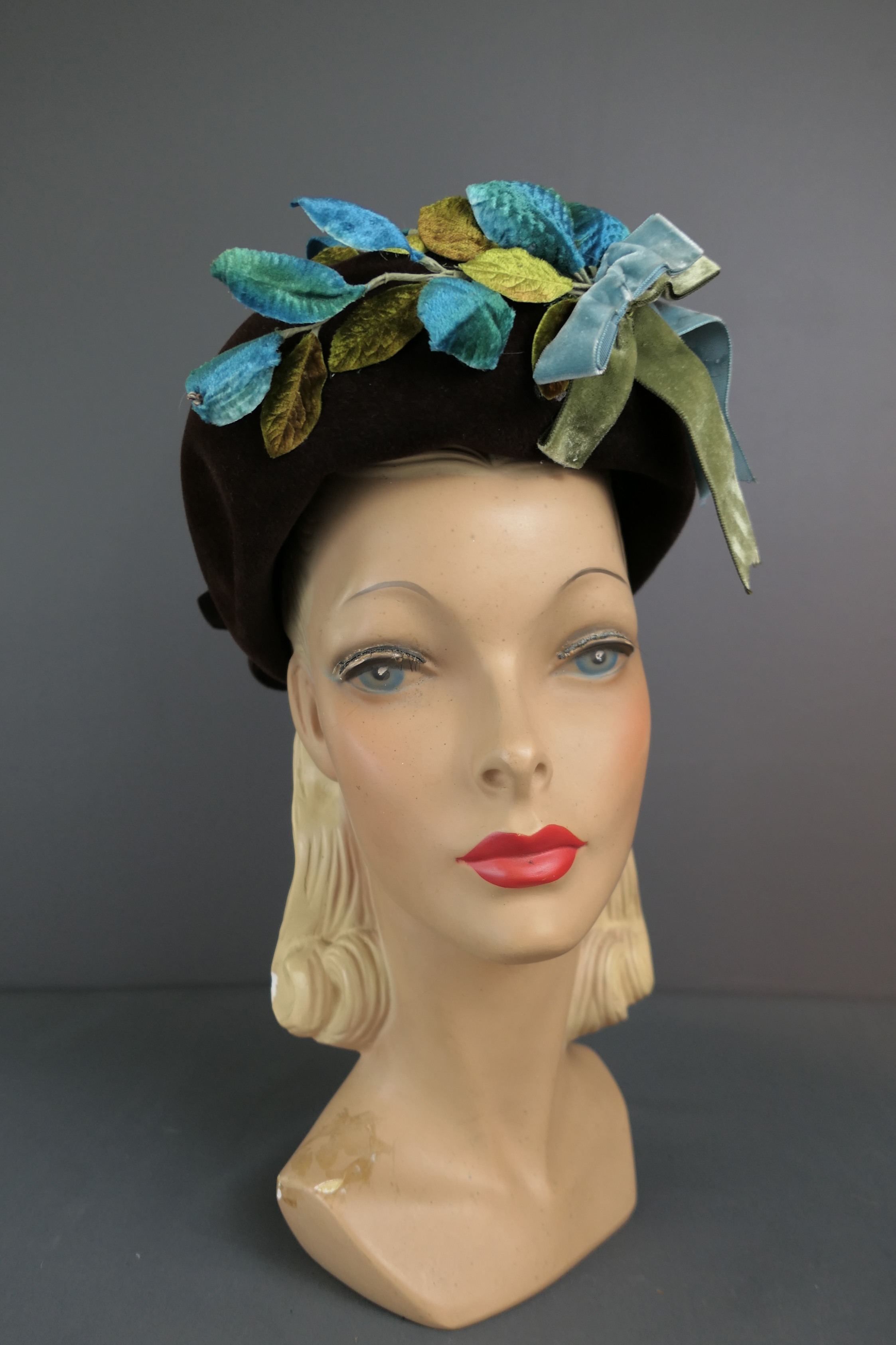 Vintage 1960s Brown Velour Hat with Turquoise Velvet Flowers, Eddi, 22 inch head