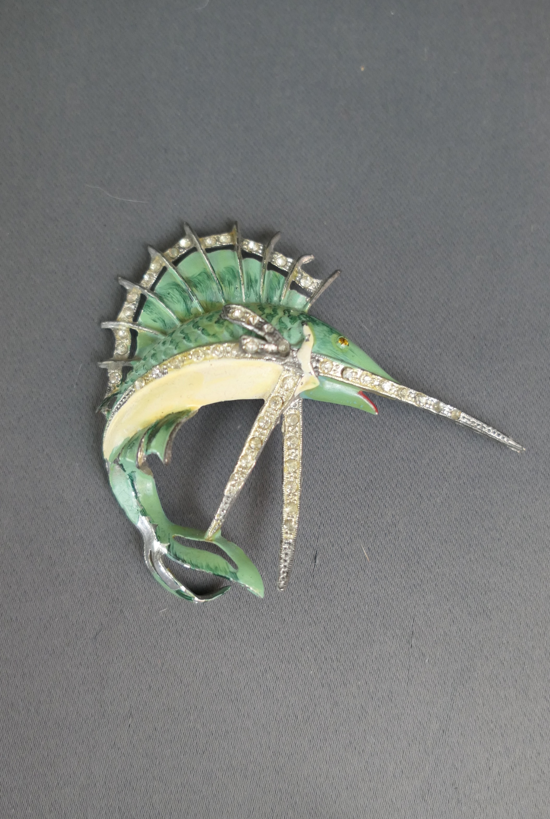Vintage 1930s 1940s Jumping  Marlin Fish Brooch, Enamel & Rhinestones, Costume Jewelry, 3 inches
