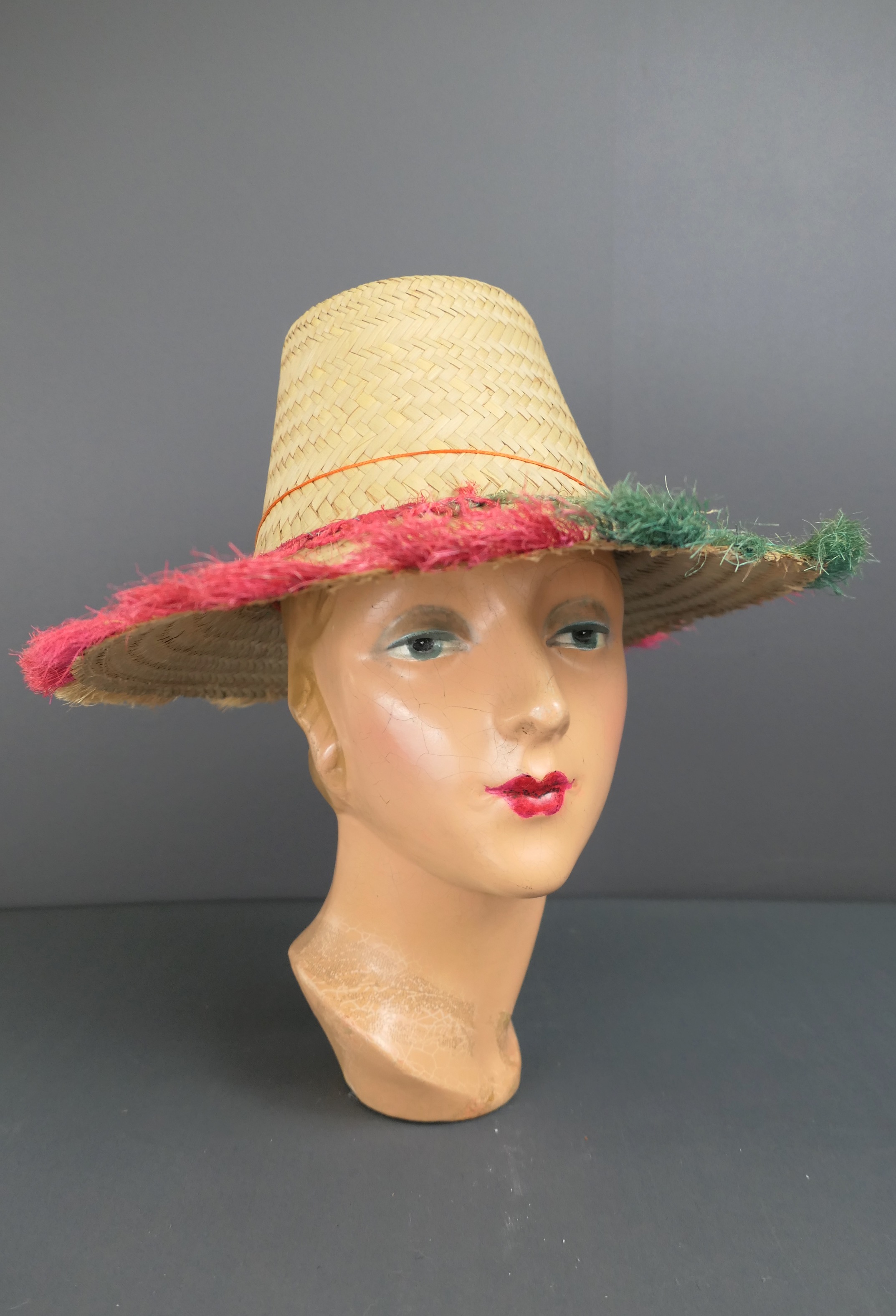 Vintage Summer Straw Hat, 14 inch wide Brim, Red & Green 1960s