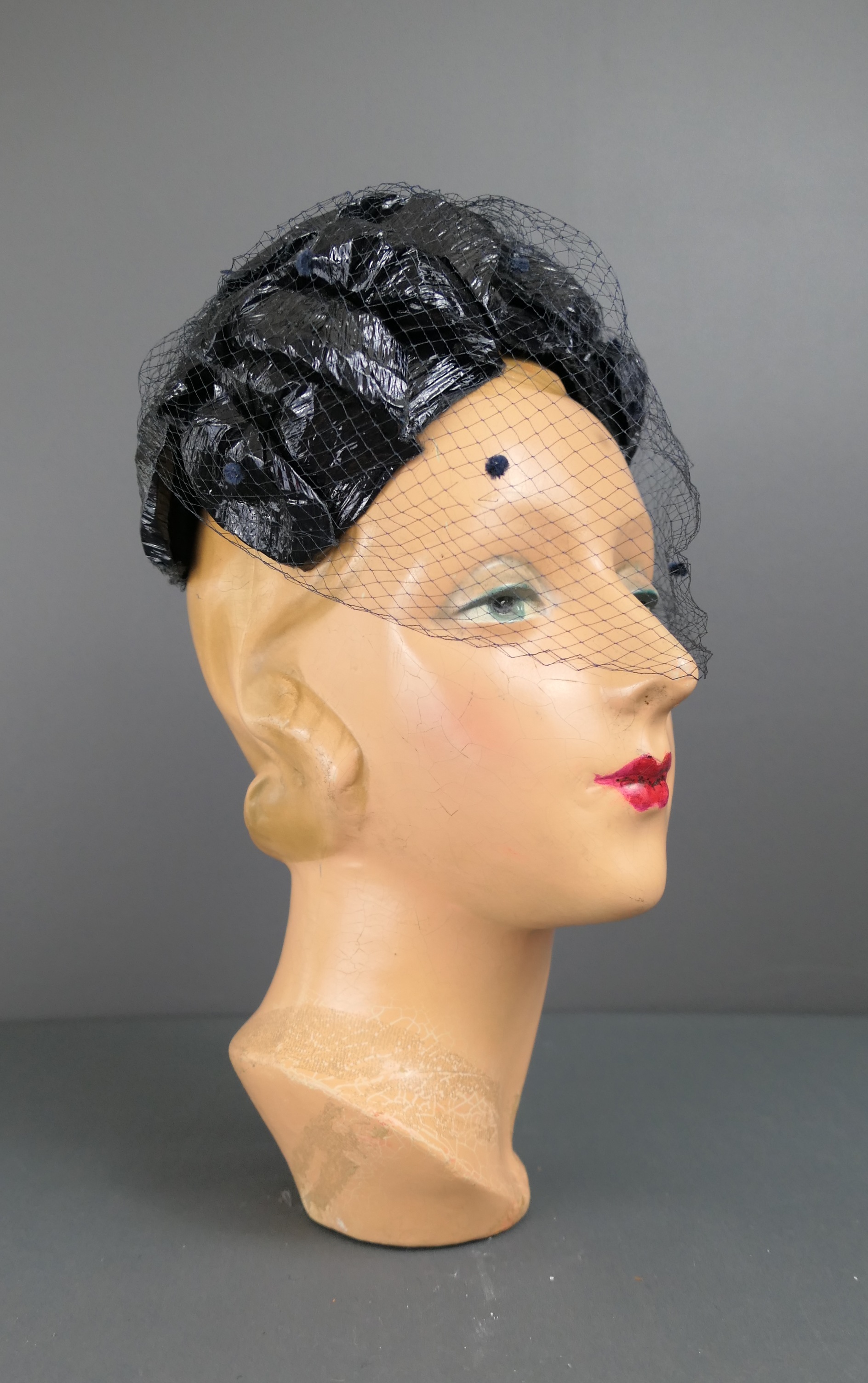 Vintage Dark Blue Half Hat Shiny Straw Raffia with Veil, 1960s, 21 inch head, Play Topper