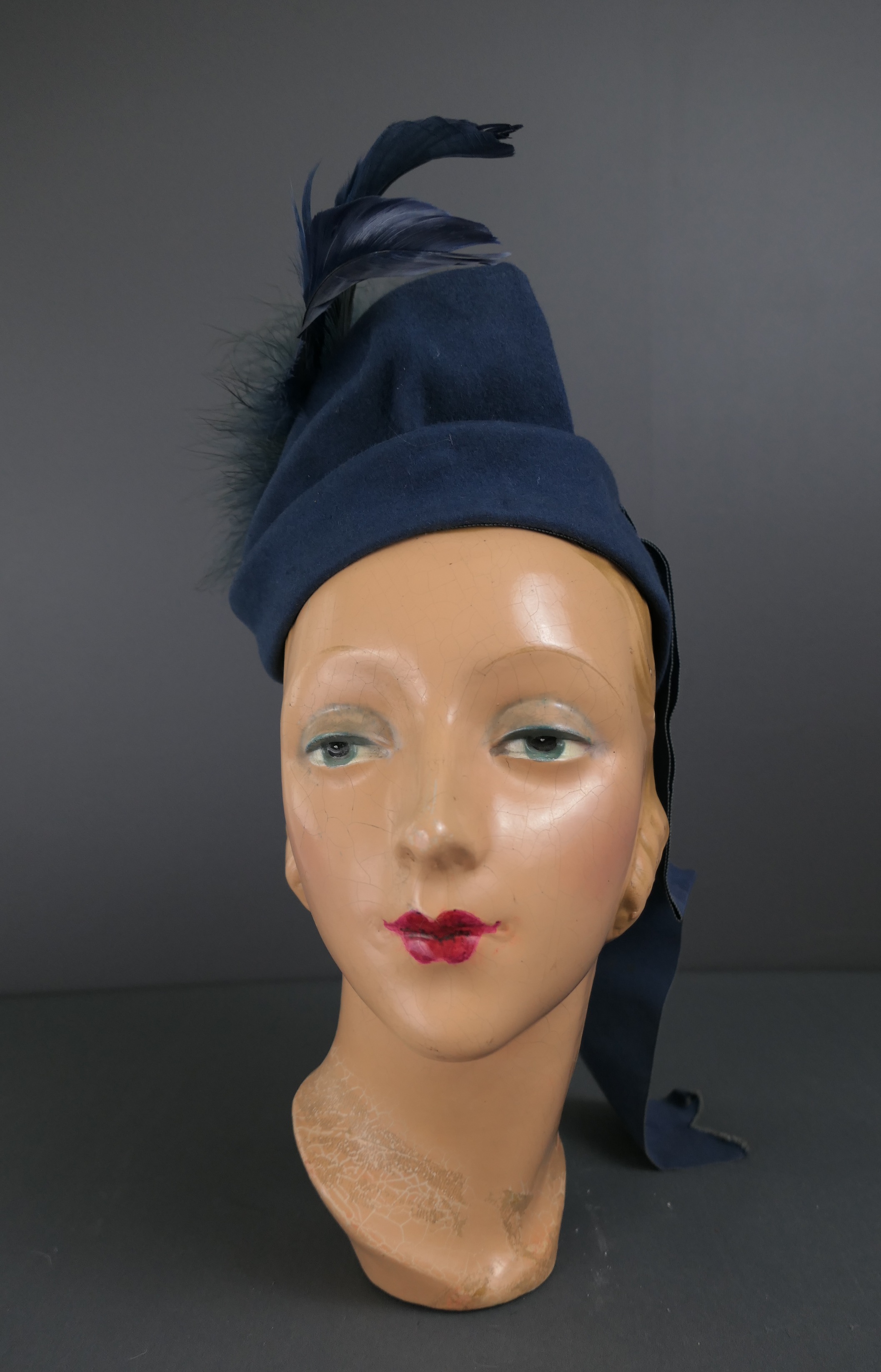 Vintage 1940s Blue Felt Topper Hat with Feathers and Long Ribbon, any size head, Holly Vogue Tilt