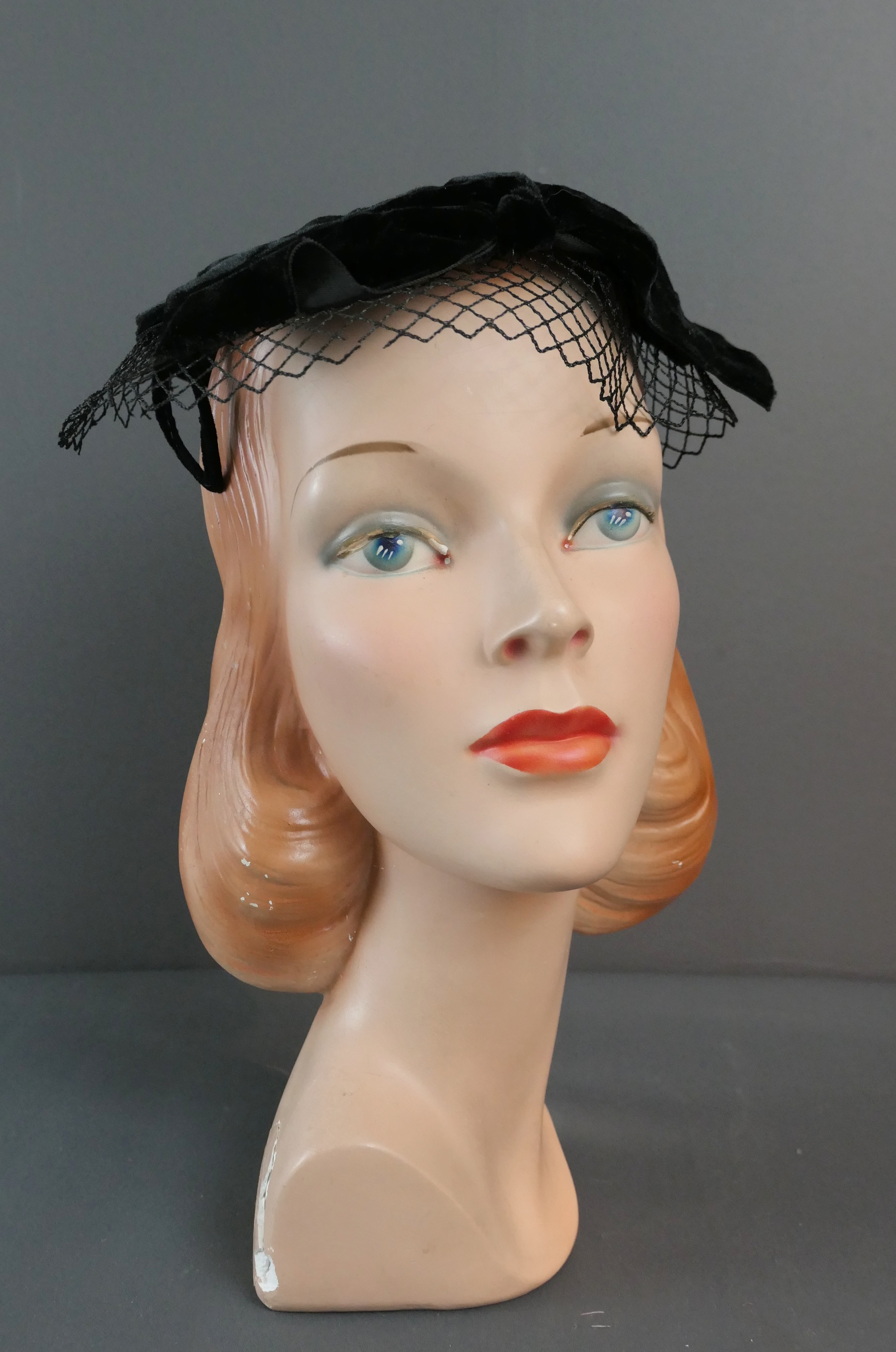 Vintage Black Velvet Bows on Mesh Veil Hat 1950s, 1960s, some breaks in mesh