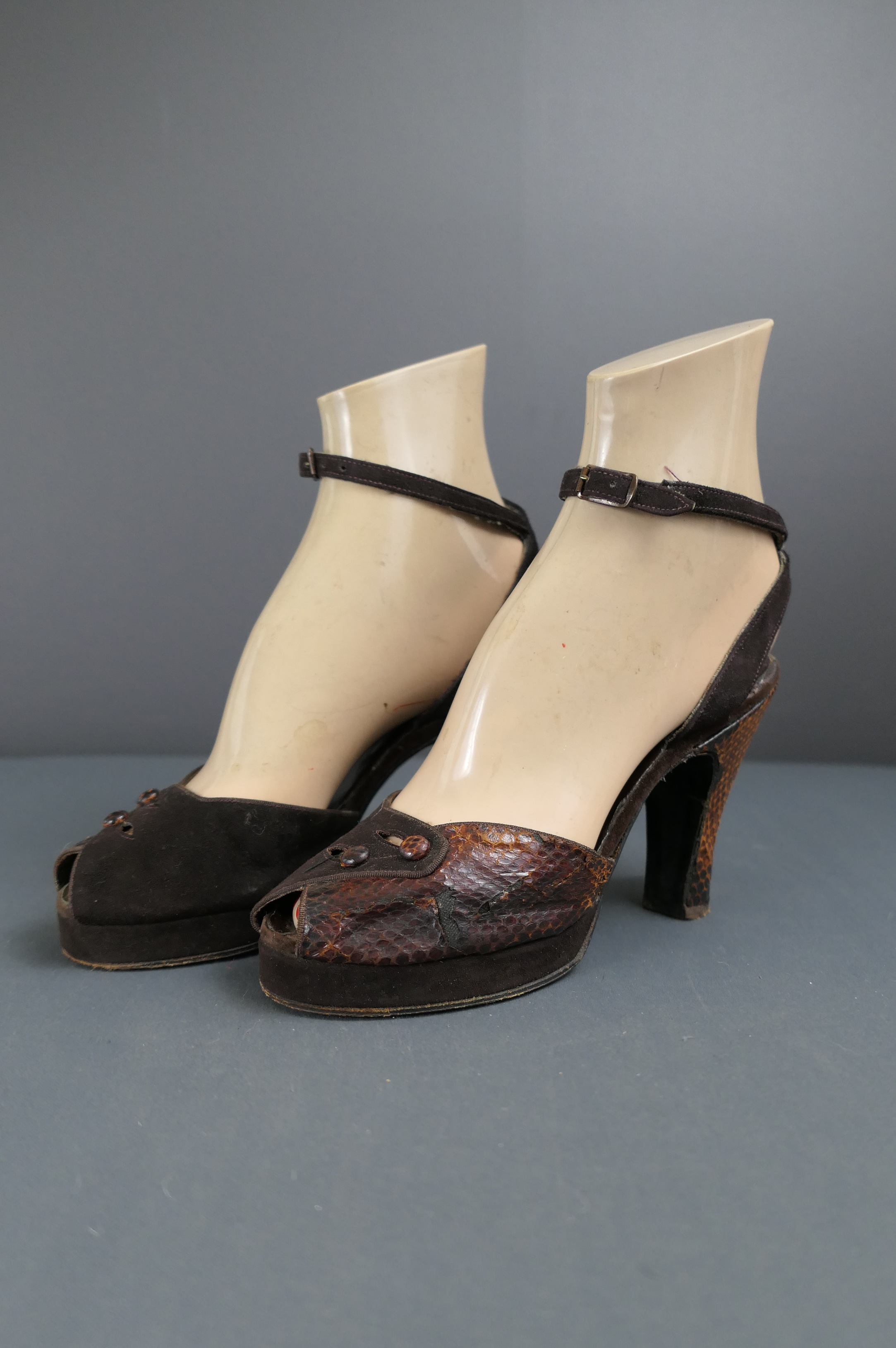 Vintage 1940s Suede & Snake Skin Platform Shoes, Ankle Straps, Peep Toe, size 5, with issues