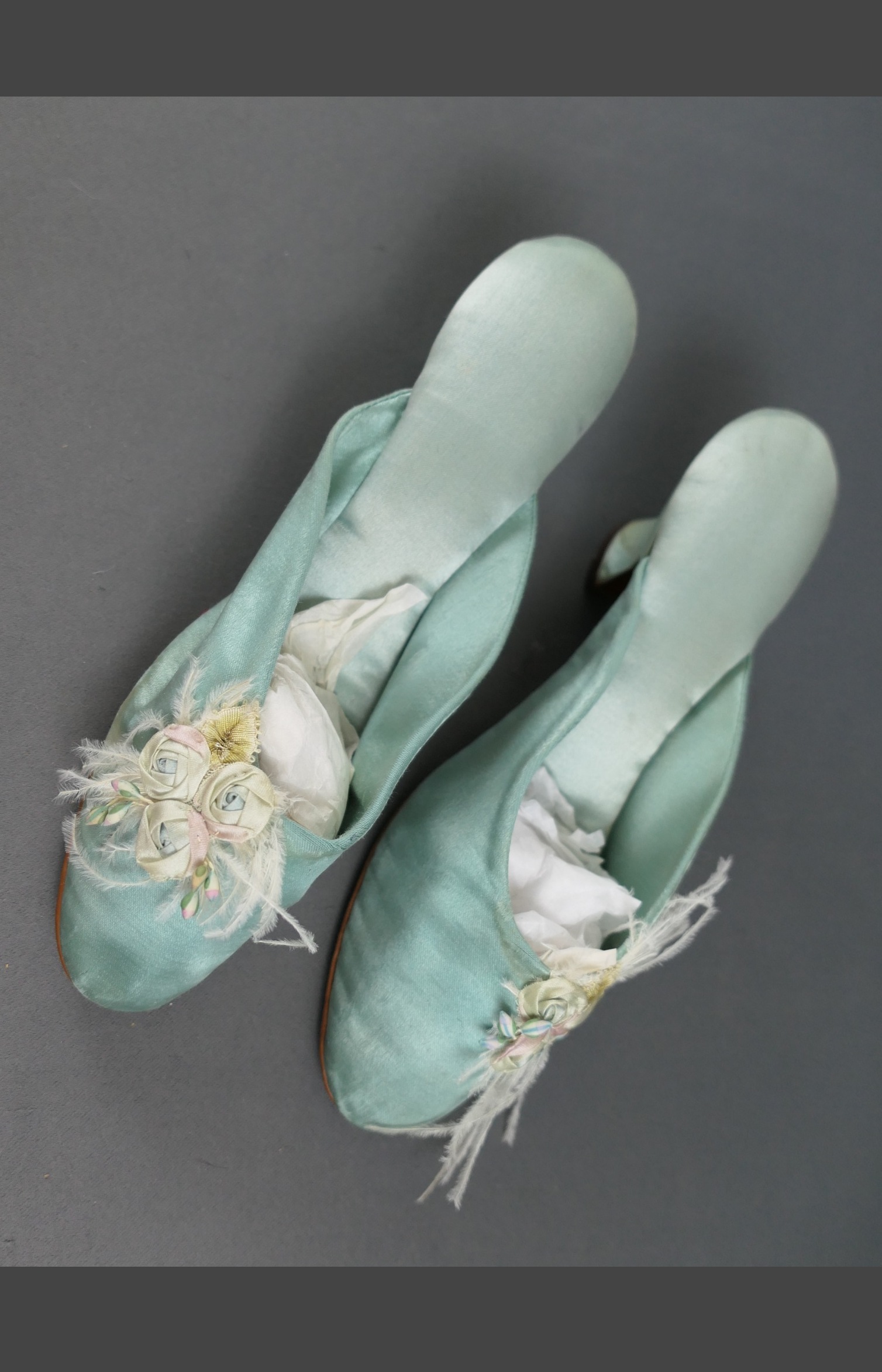 Vintage 1910s Aqua Silk Slipper Shoes with Flowers and Feathers, super tiny US size 4