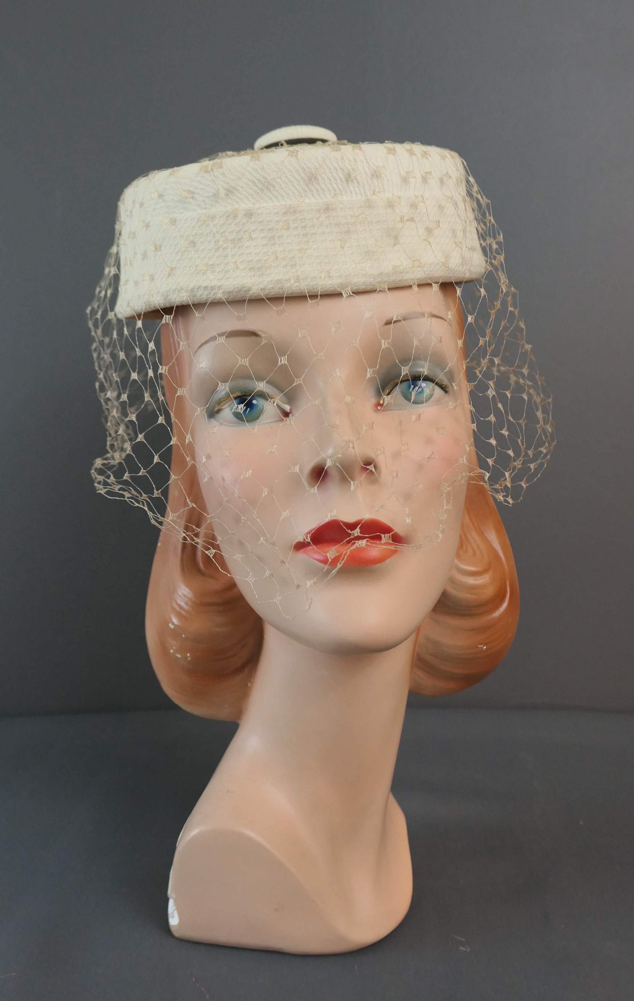 Vintage Ivory Pique Pillbox Topper Hat 1950s, 1960s, with veil