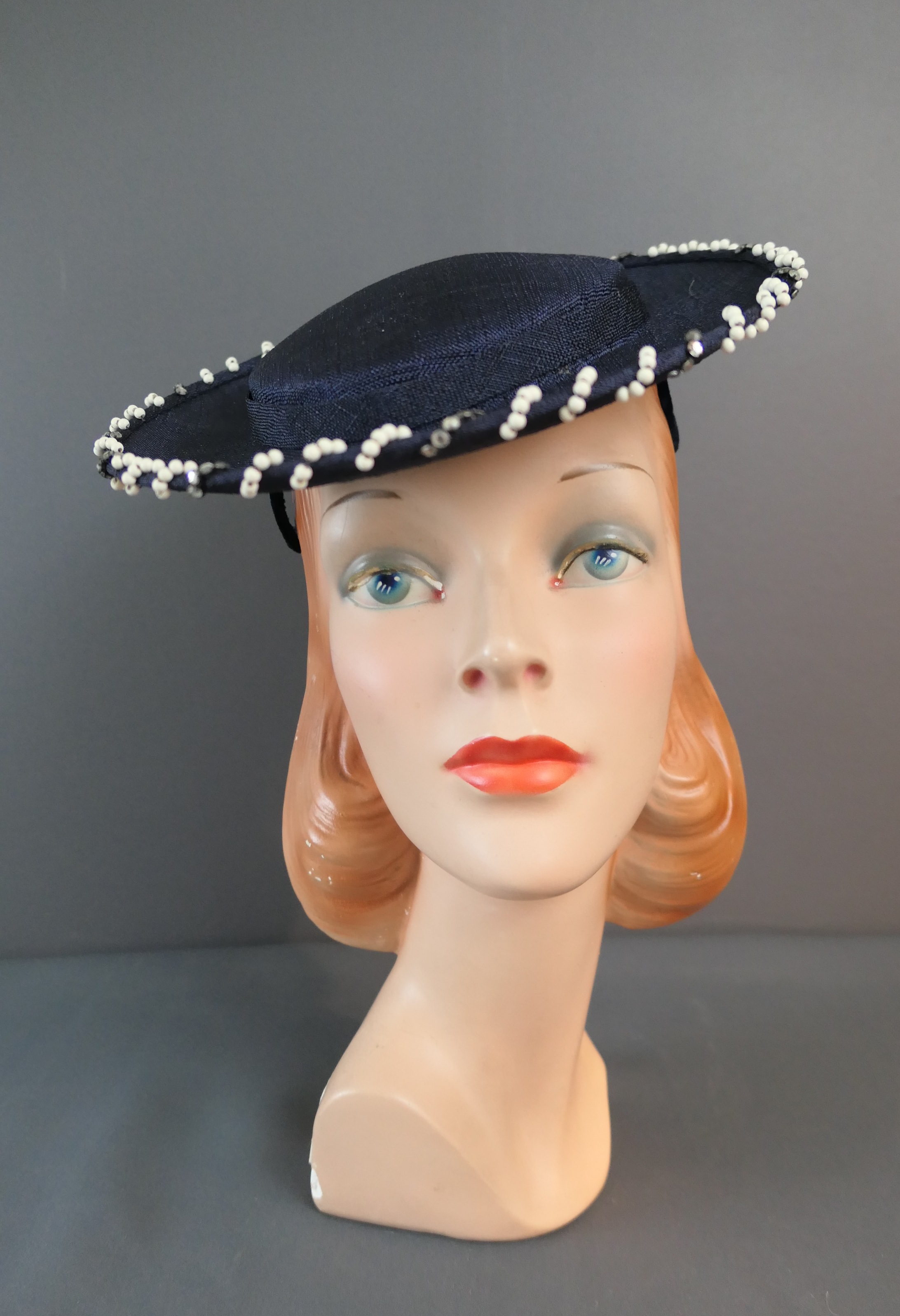 Vintage Dark Blue Saucer Hat with Pearls and Rhinestones, 1950s Homberger's