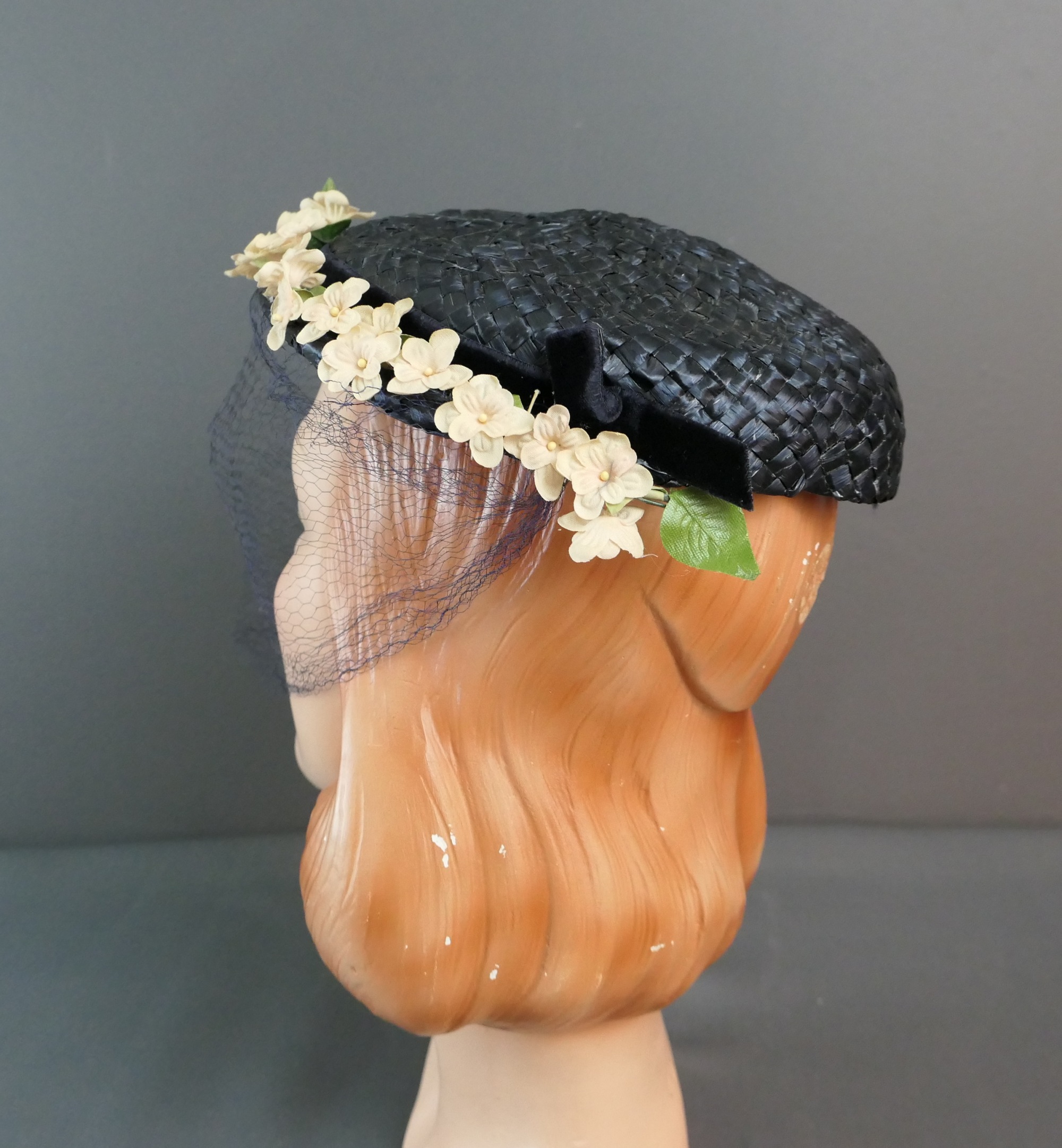 1940s Vintage Navy Straw Boater Hat Flat Crown Floral Millinery Size 22 Vintage 1940s Straw Boater Hat With Resin Flower Accent - Etsy main image 4