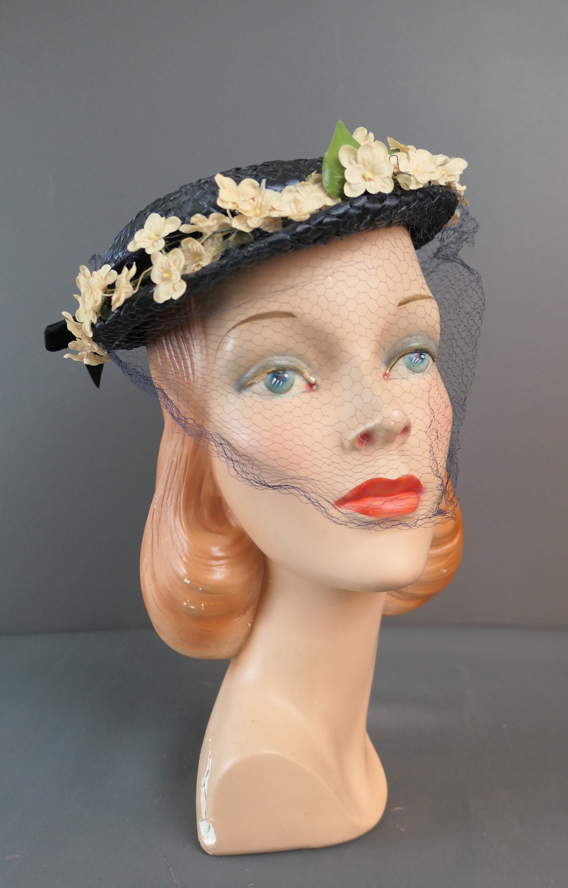 Vintage 1940s Navy Straw Hat with Small Flowers and Veil, 22 inch head