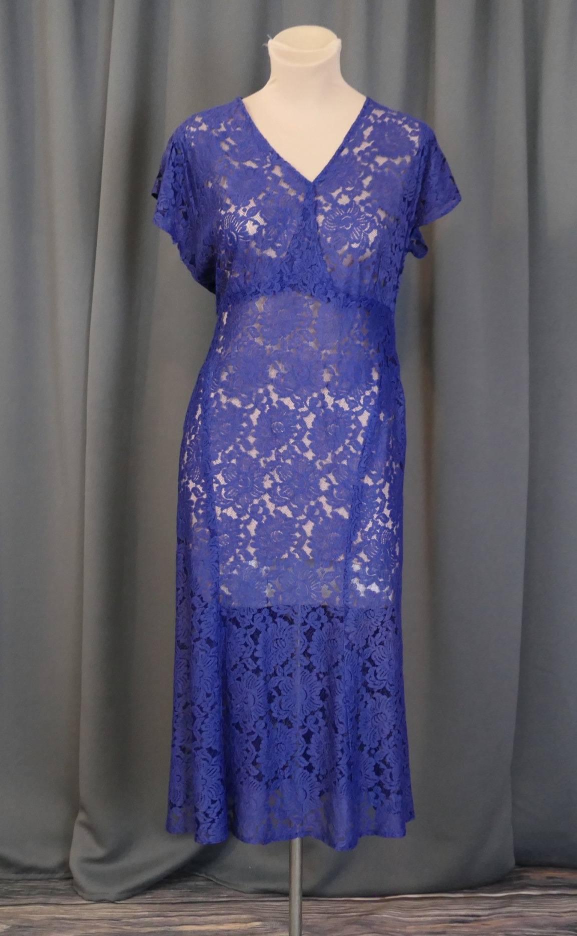 Vintage 1930s Blue Lace Dress, All Sheer Rayon, 36 bust, 1940s, some issues