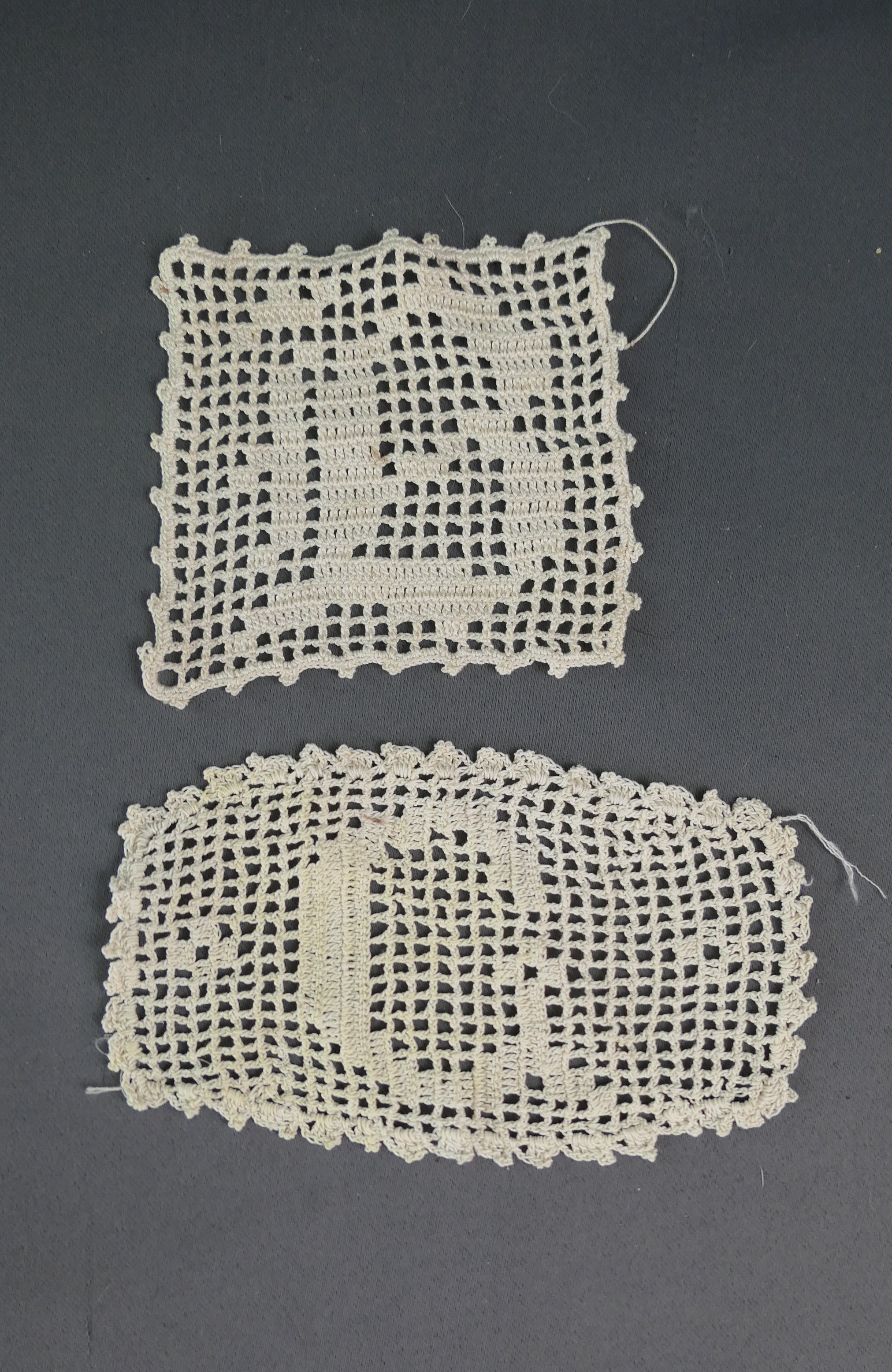 2 Vintage Crochet Lace Blocks B and G initials, handmade, Antique Edwardian 1900s