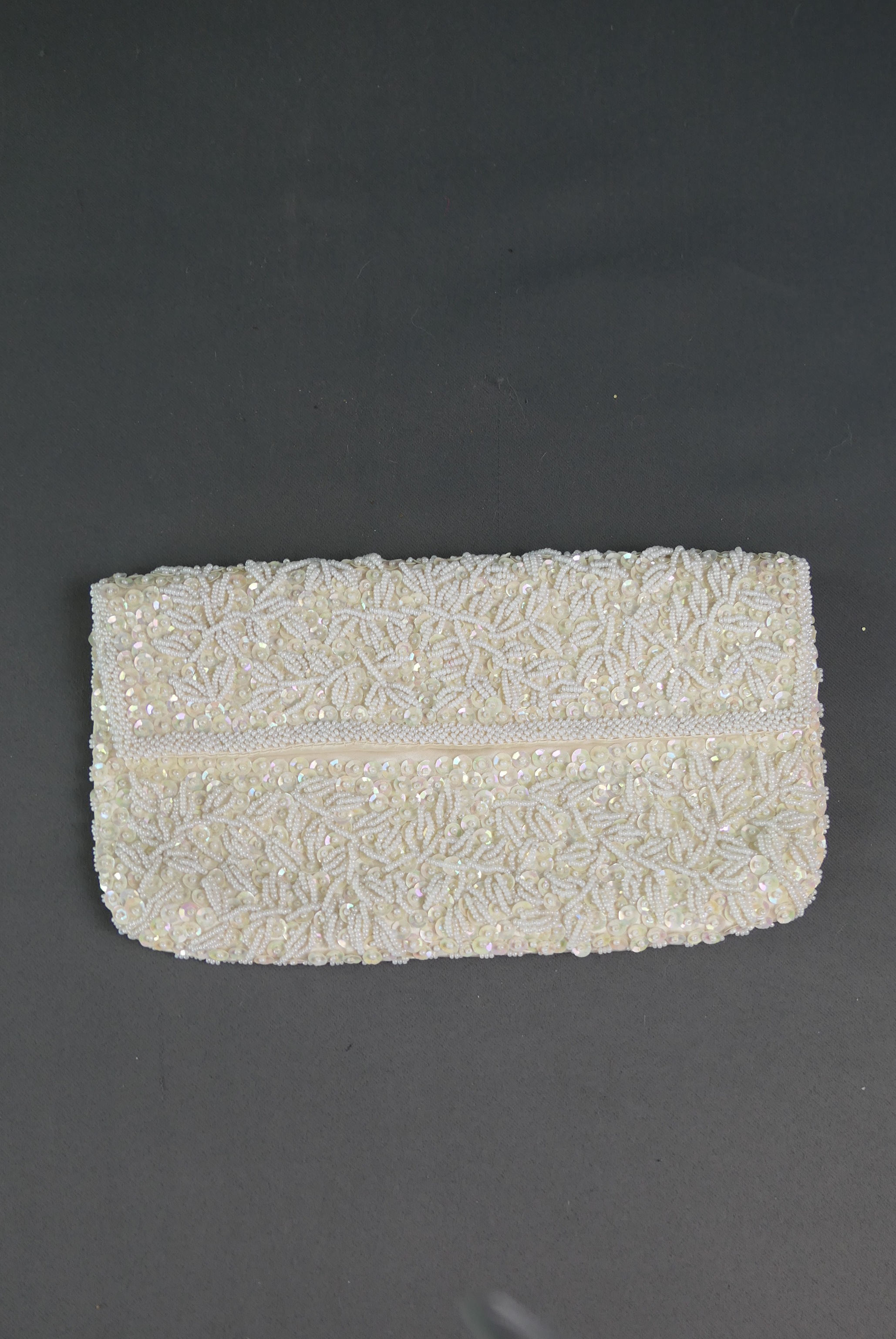 Vintage White Satin Beaded & Sequin Purse, Evening Clutch 1960s 9x5 inches