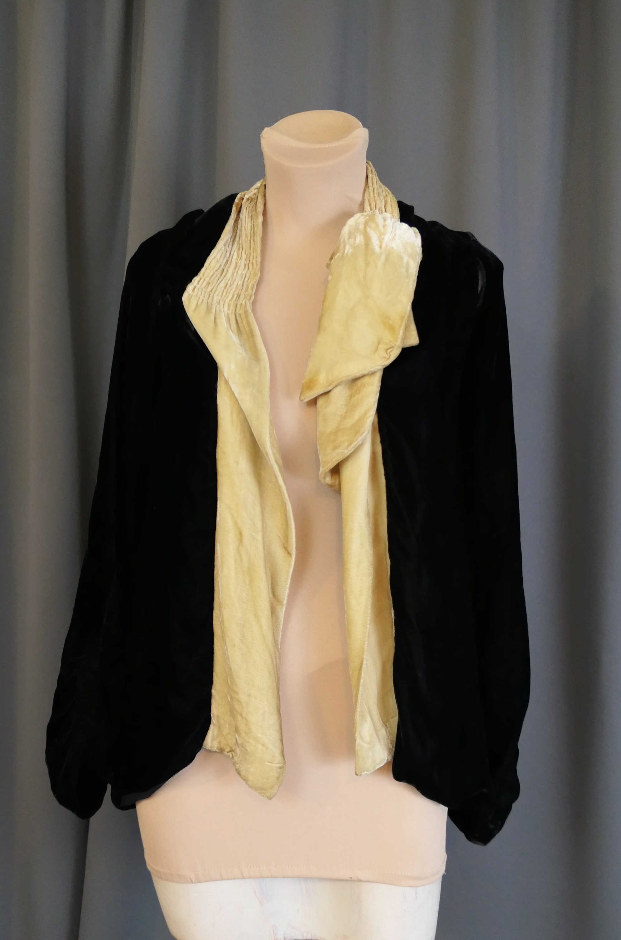 DAMAGED Vintage 1920s Black Silk Velvet Jacket with Ivory Velvet Trim, 32 bust