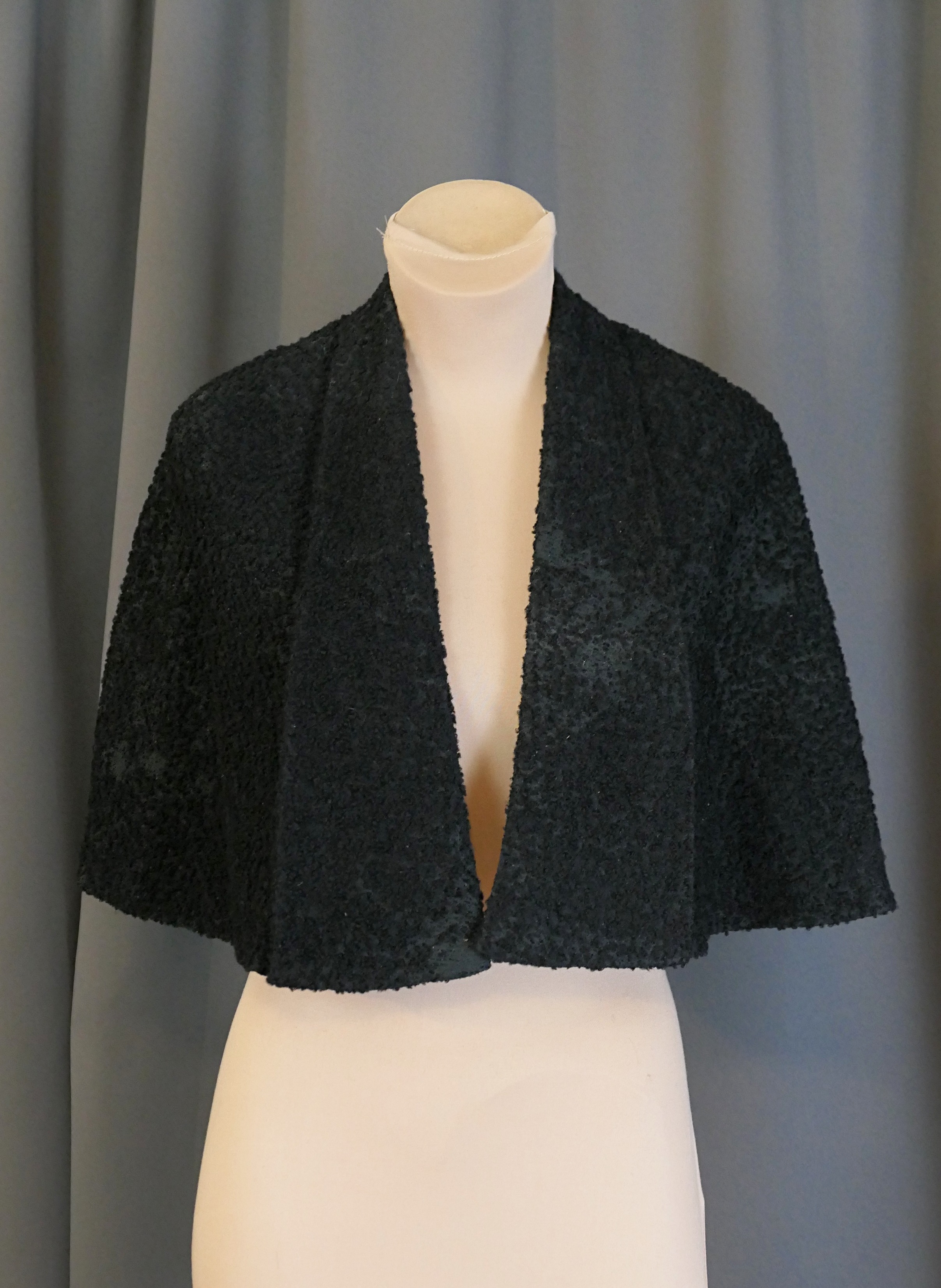 Vintage Loopy Black Wool Short Cape, Capelet, with issues, small, Antique 1900s